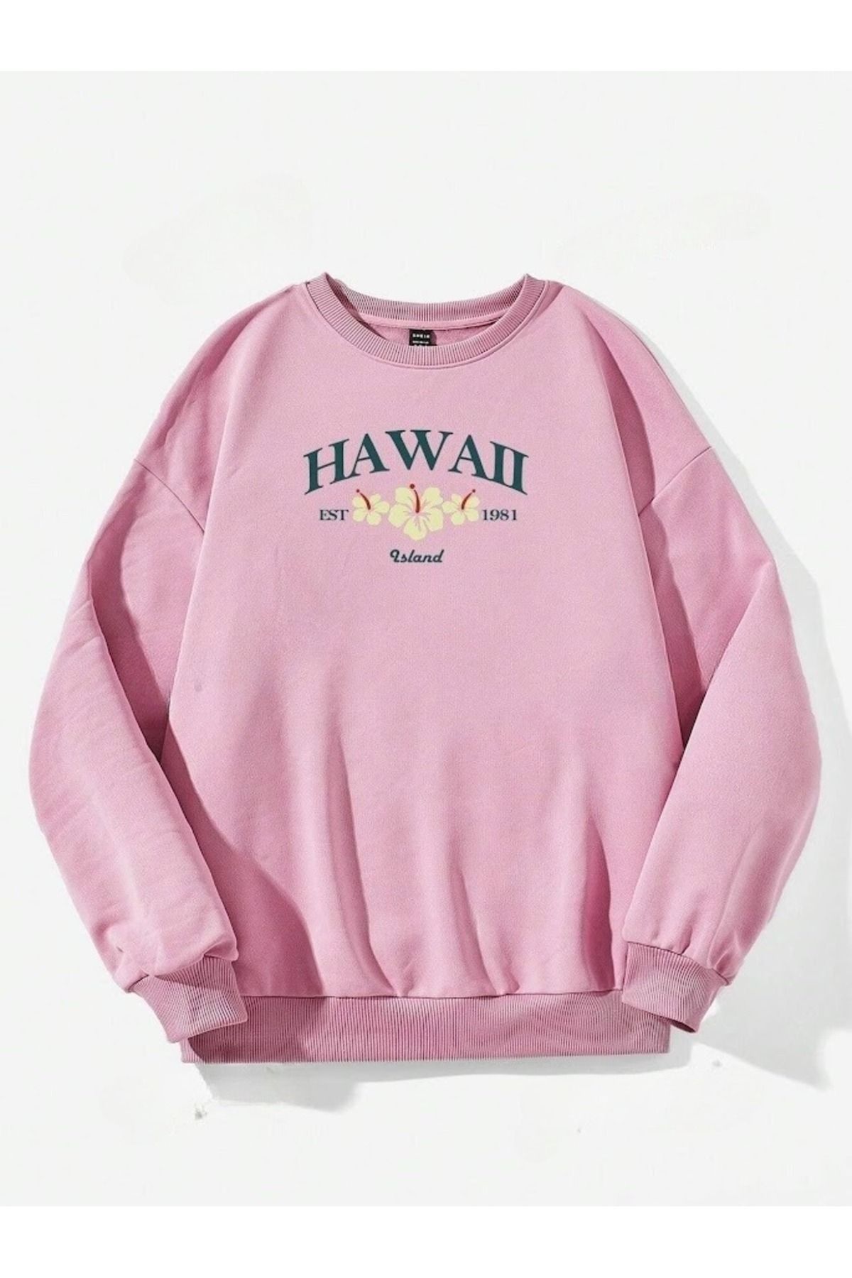 Kadın Pembe Hawaii Baskılı Bisiklet Yaka Sweatshirt