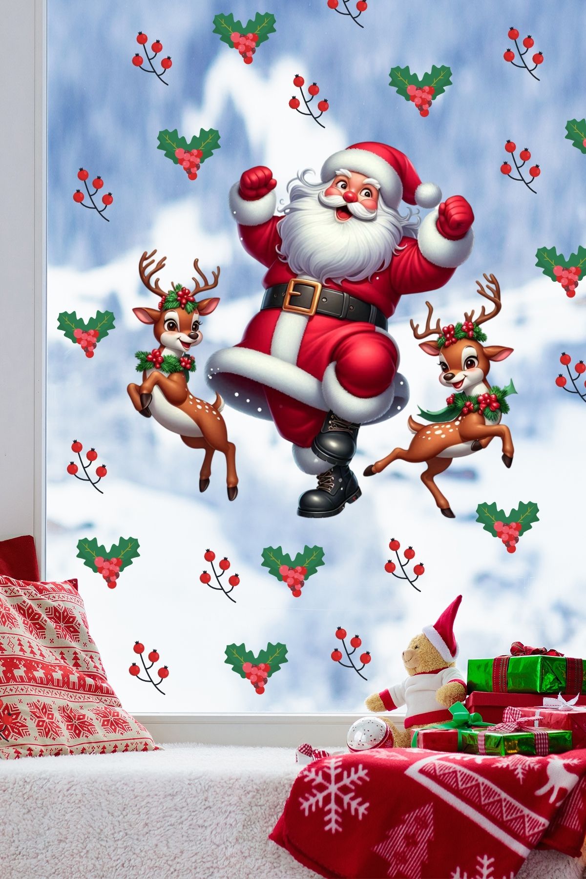 Yeni Yıl Sticker Noel Baba Geyik ve Kokina Çiçeği Yeni Yıl Sticker Seti Noel Baba Sticker