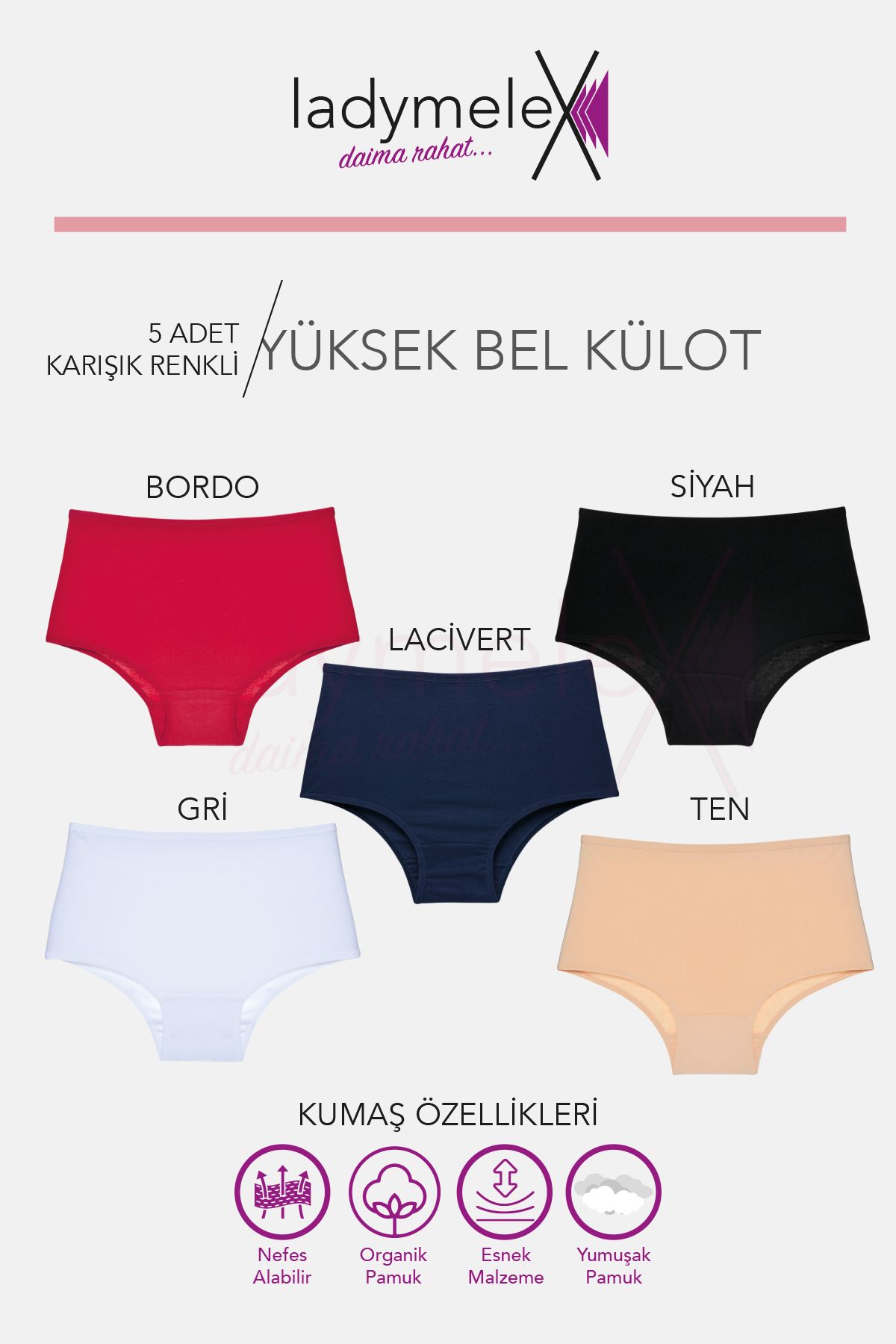 Kadın Külot Yüksek Bel (S-M-L-XL-2XL-3XL) Külot Koyu Renkler %100 Yumuşak Pamuklu Kumaş