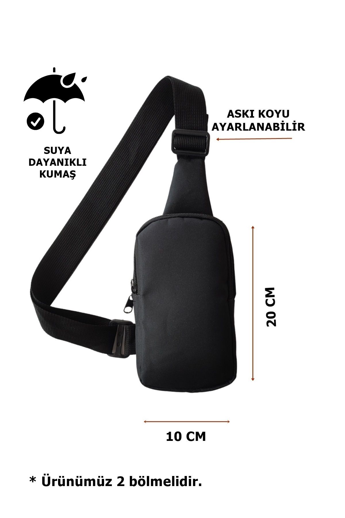 2 Bölmeli Erkek Siyah Çapraz Omuz Çantası Basic Düz Bodybag 10 * 20 cm