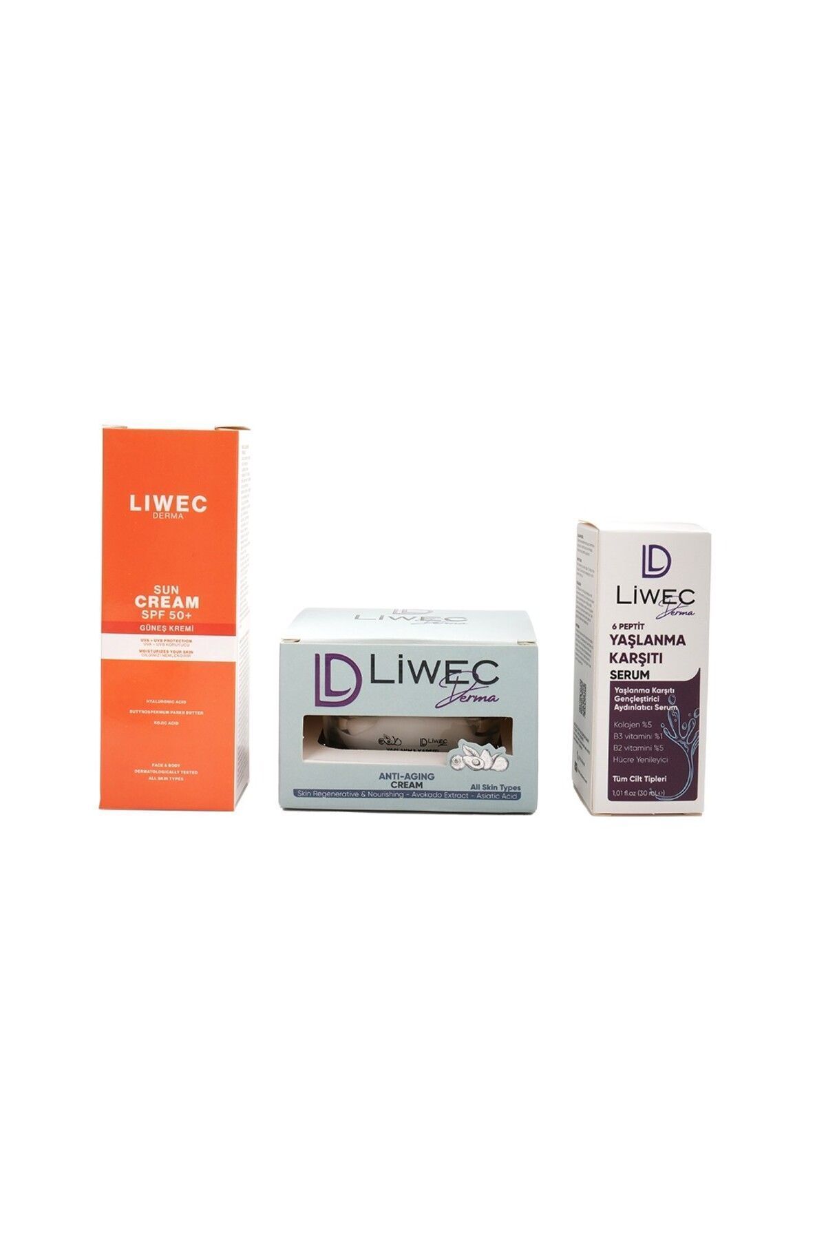 Liwec Derma 3'lü Set (YAŞLANMA KARŞITI SERUM - YAŞLANMA KARŞITI KREM - GÜNEŞ KREMİ)