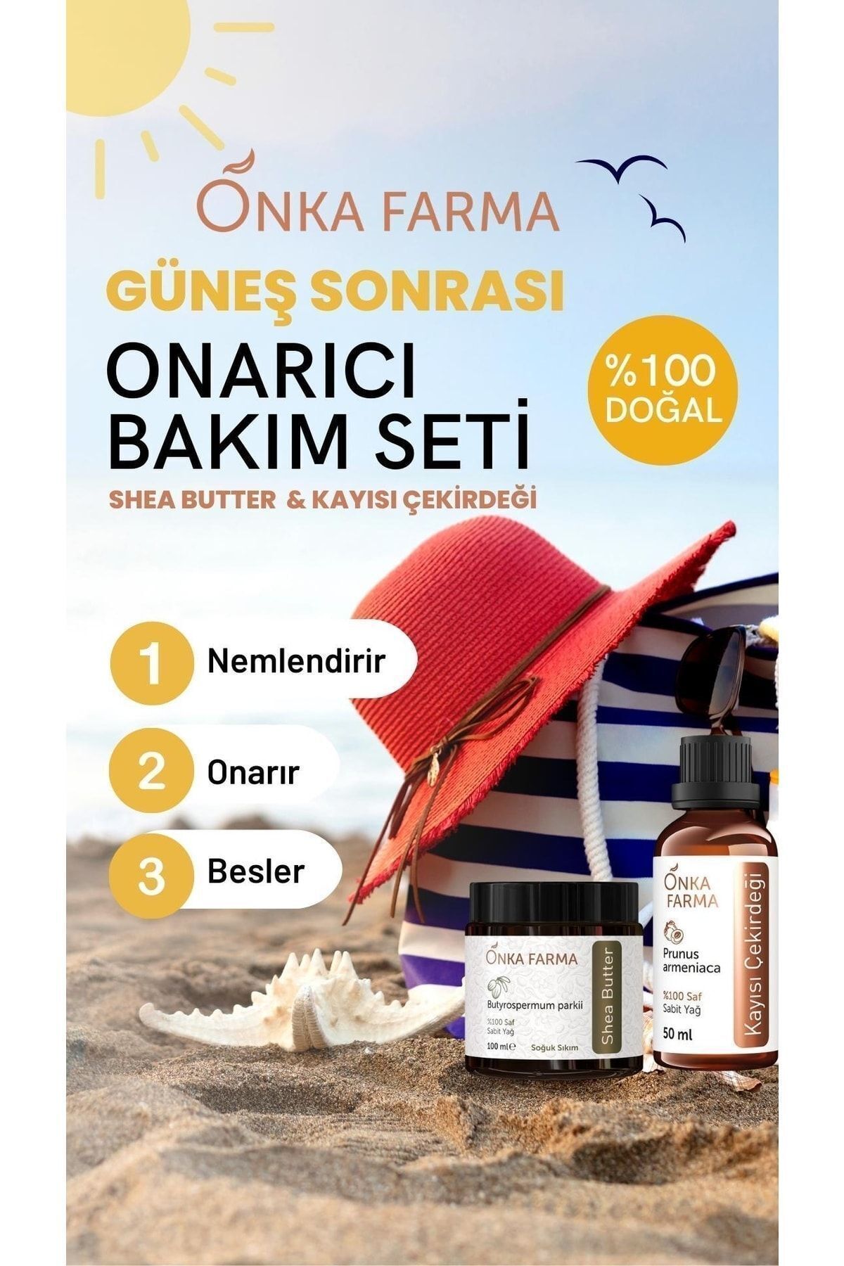 Onka Farma Onarıcı Bakım Yağ Seti - %100 Doğal Shea Butter & Kayısı Ç. Yağı - Güneş Sonrası -150 ml