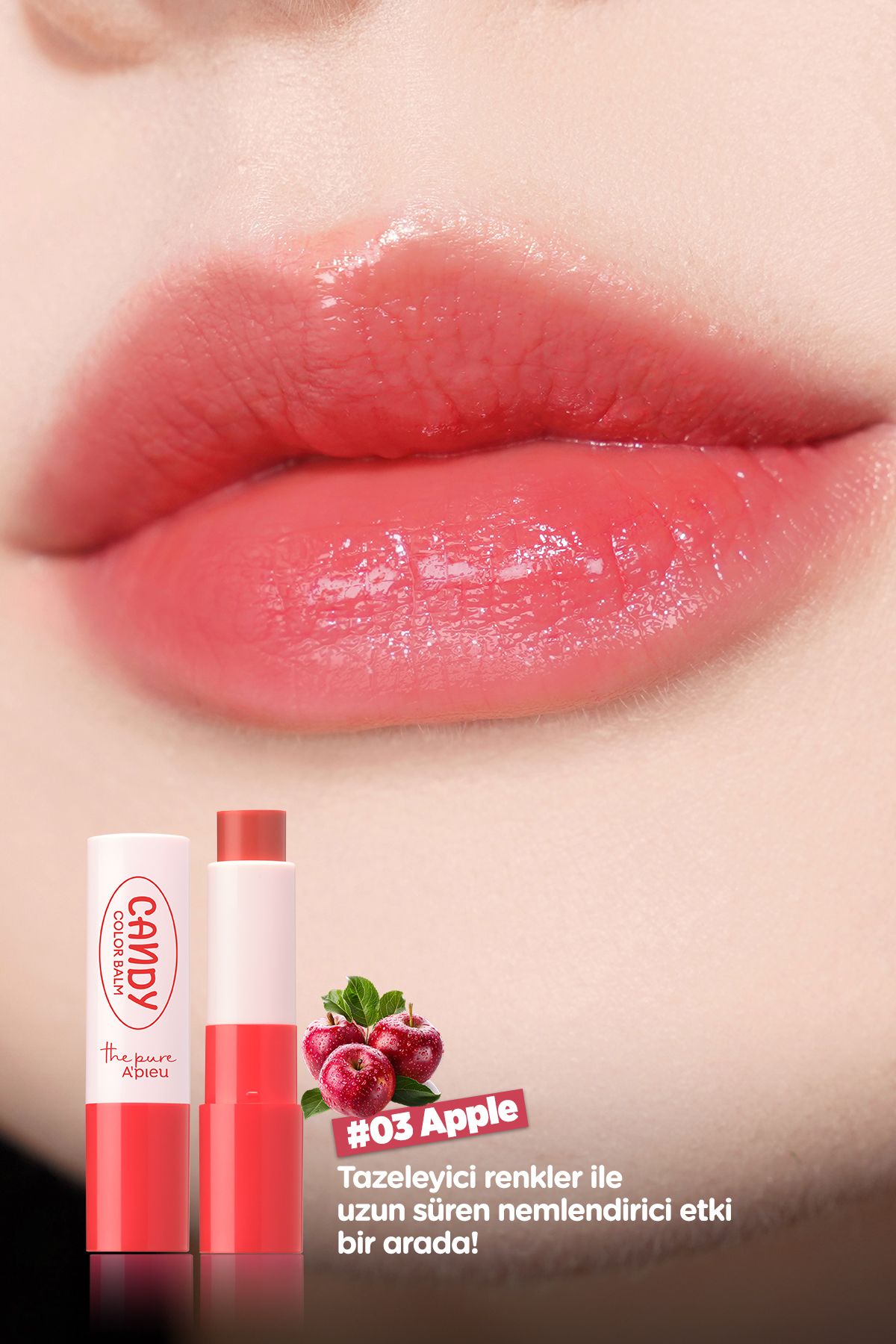 Dudakları Nemlendiren Parlak Bitişli Renkli Dudak Balmı A'pıeu The Pure Candy Color Balm No.03 Apple