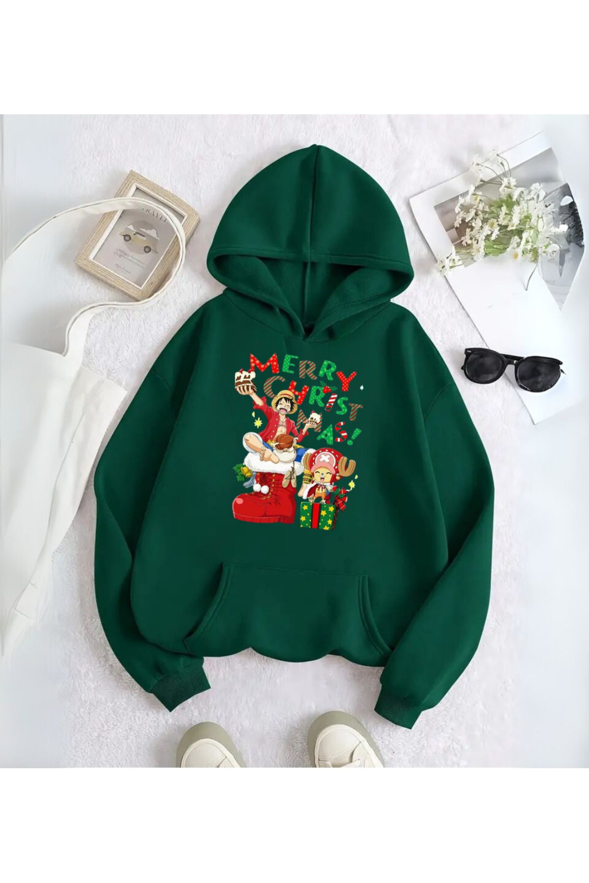 Loots  One Piece Merry Christmas Baskılı Kapşonlu Sweatshirt