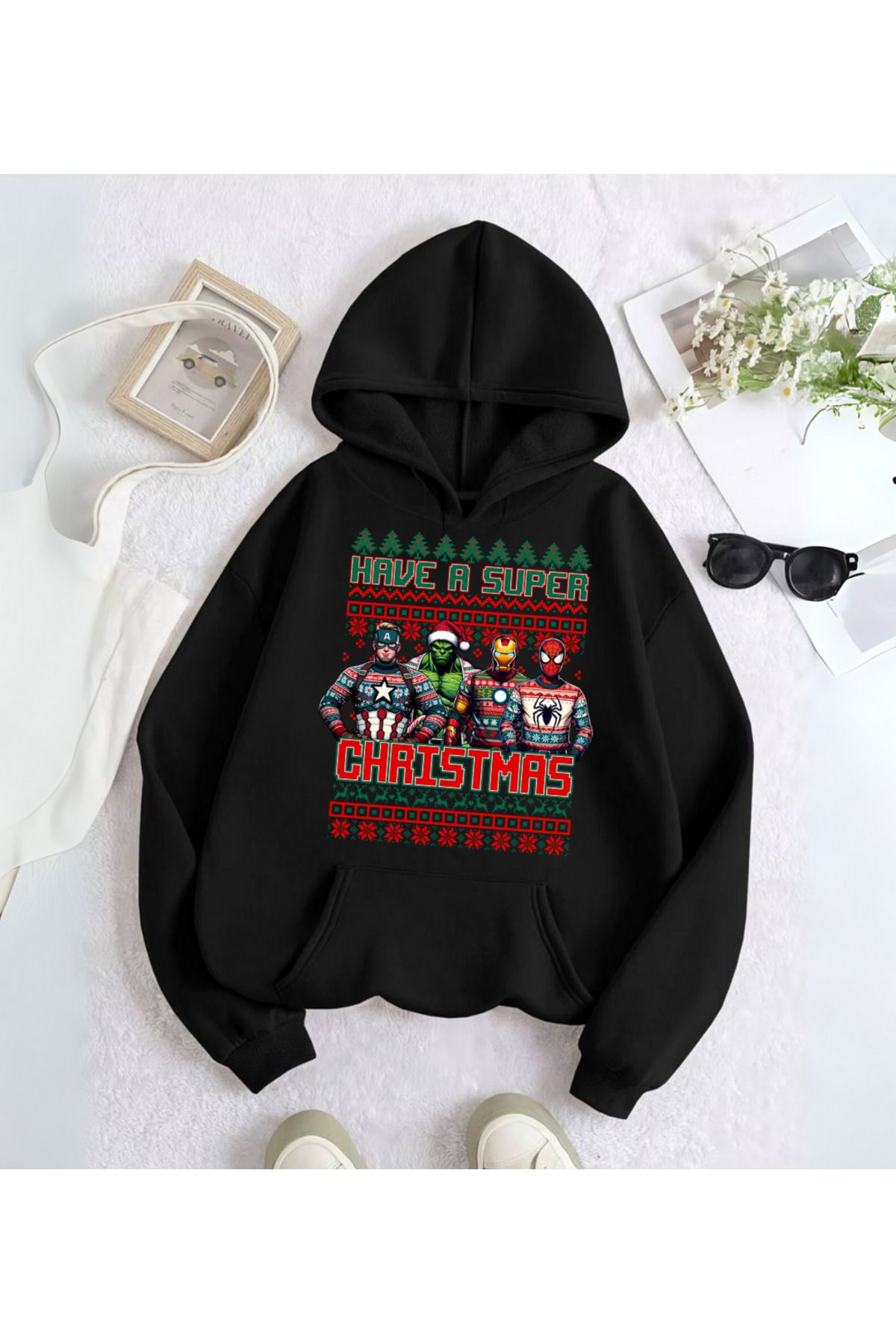 Loots  Marvel Merry Christmas Baskılı Kapşonlu Sweatshirt