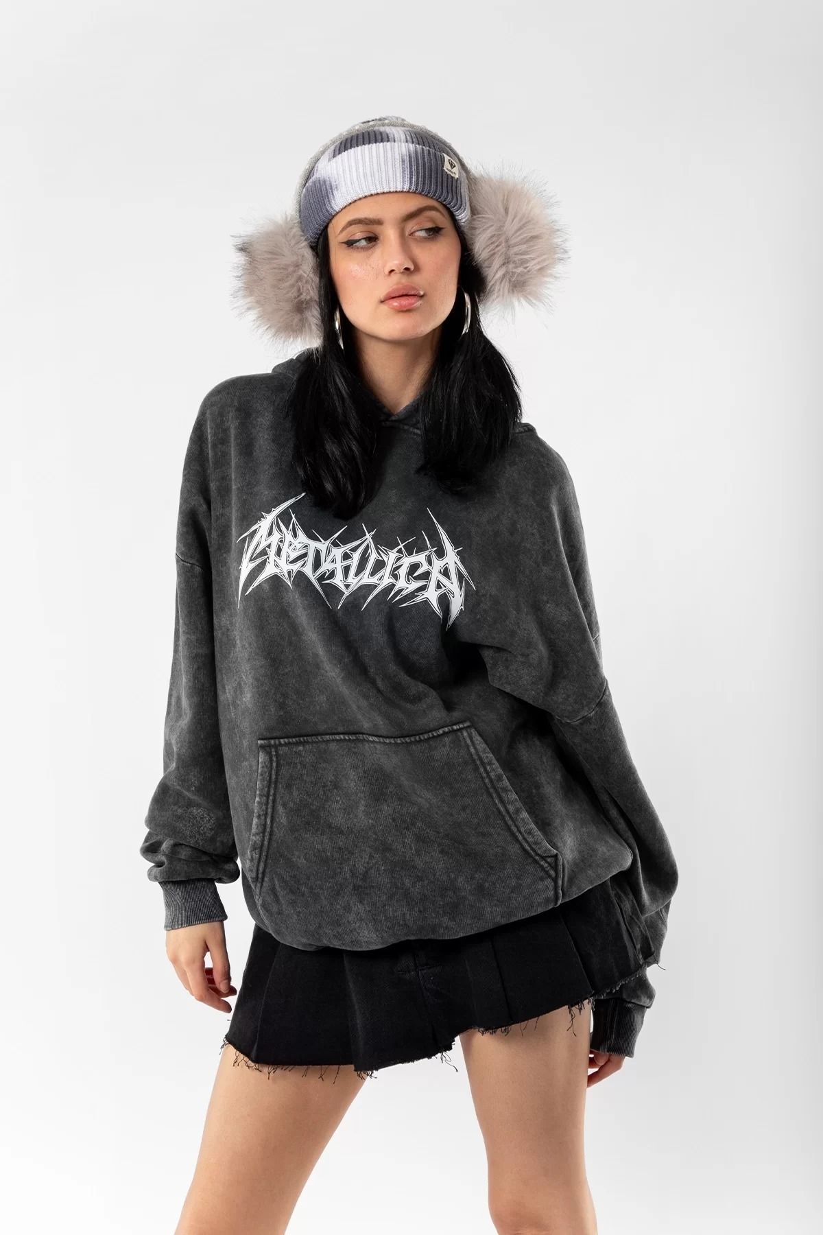 Yıkamalı Metallica Logo Baskılı Oversize Unisex Füme Hoodie