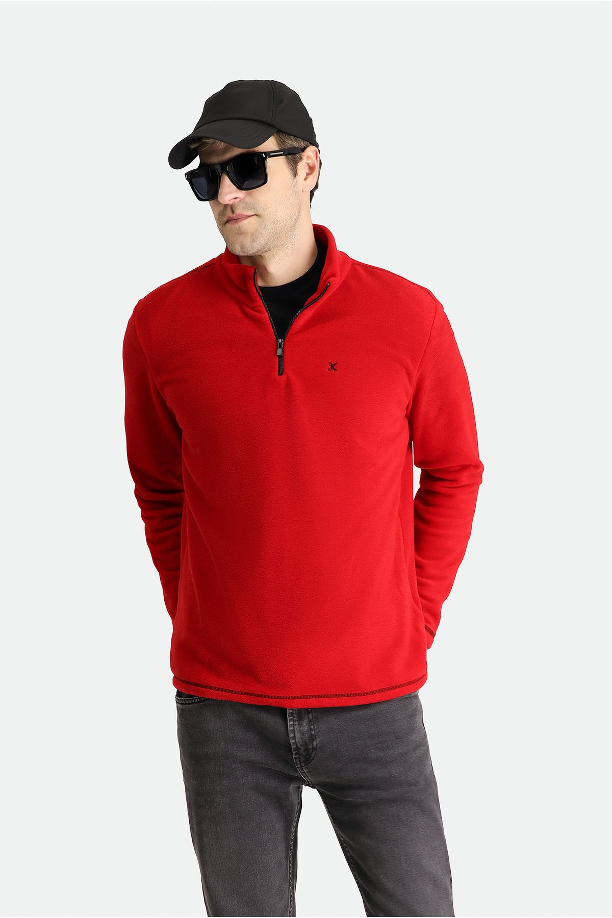 Yarım Fermuarlı Nakışlı Polar Sweatshirt