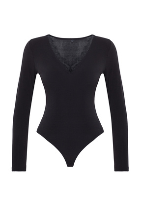 Siyah Örme Danteli Yaka Detaylı Body TPRAW25BD00007 Image 5