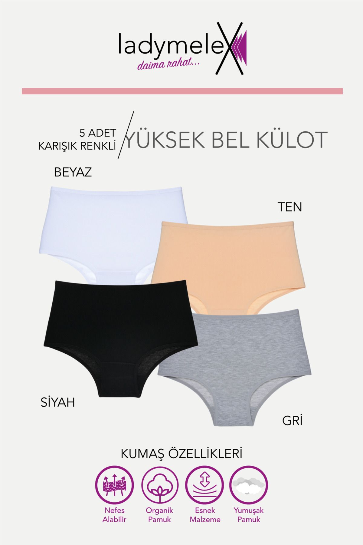 Kadın Külot, Yüksek Bel Külot, Gri Siyah Beyaz Ten (S-M-L-XL-2XL-3XL) Yumuşak Esnek Pamuklu Kumaş