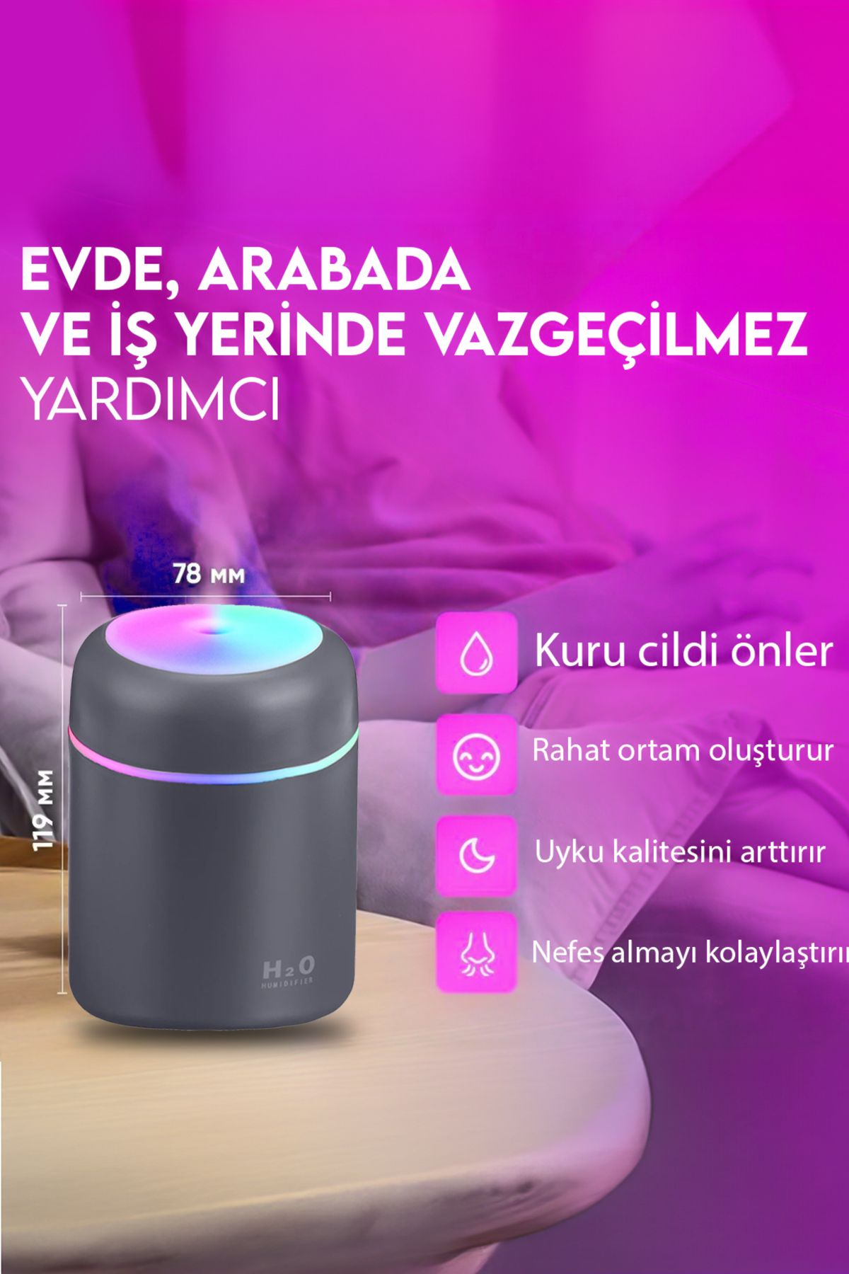 H2o 300ml Led Işıklı Usb Hava Nemlendirici, Ultrasonik Buhar Makinesi Ve Aroma Difüzör