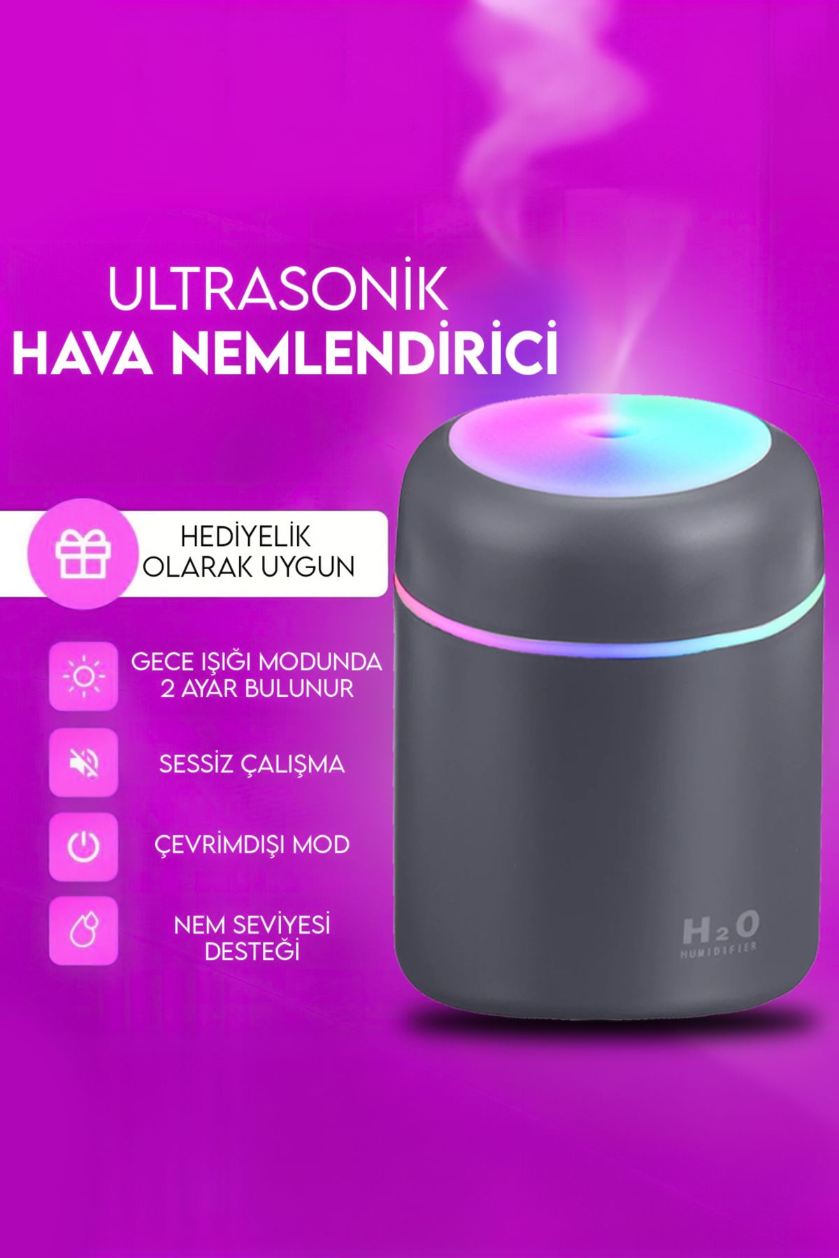 H2o 300ml Led Işıklı Usb Hava Nemlendirici, Ultrasonik Buhar Makinesi Ve Aroma Difüzör