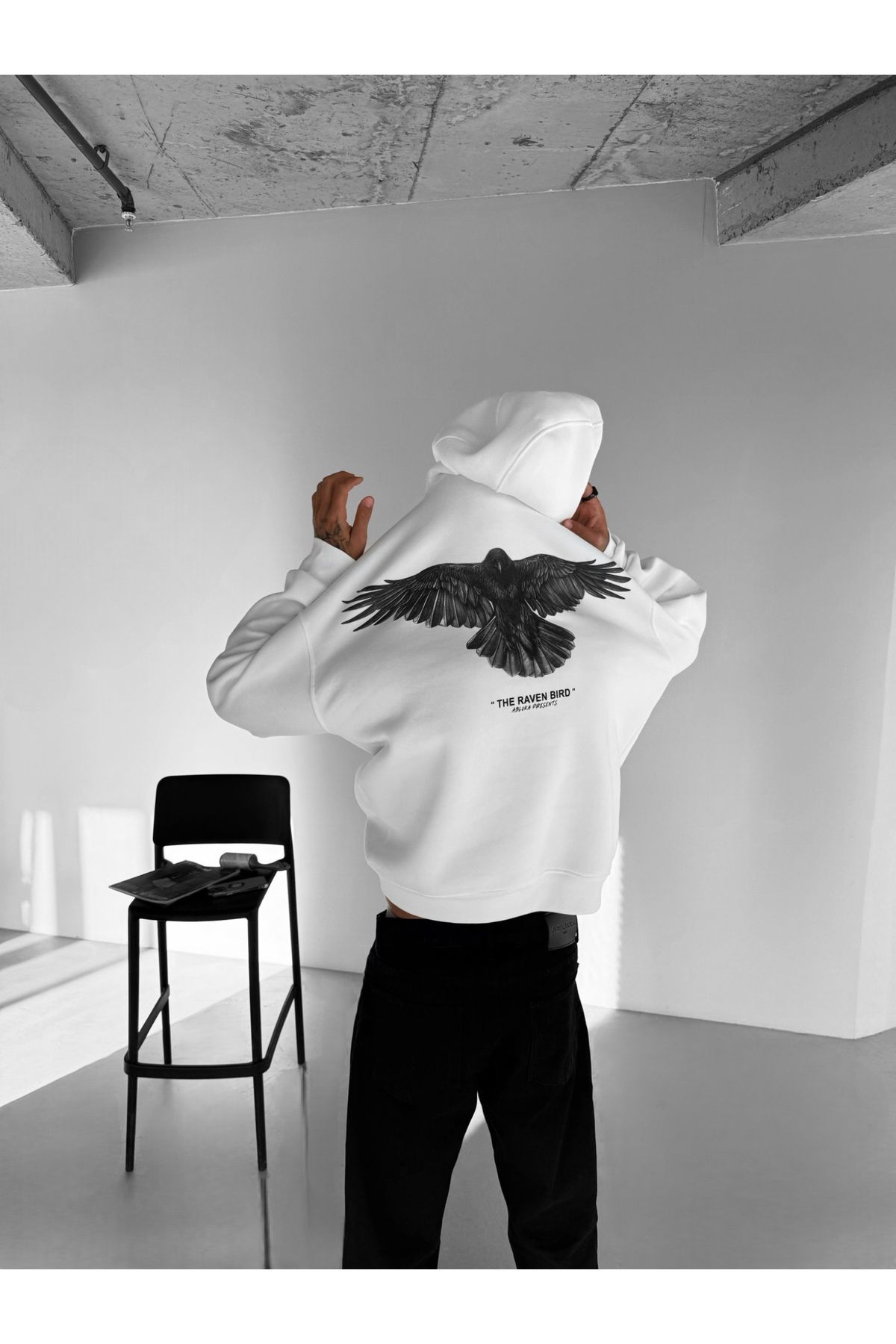 Erkek Oversize Raven Baskılı Premium Kapüşonlu Sweatshirt Ekru