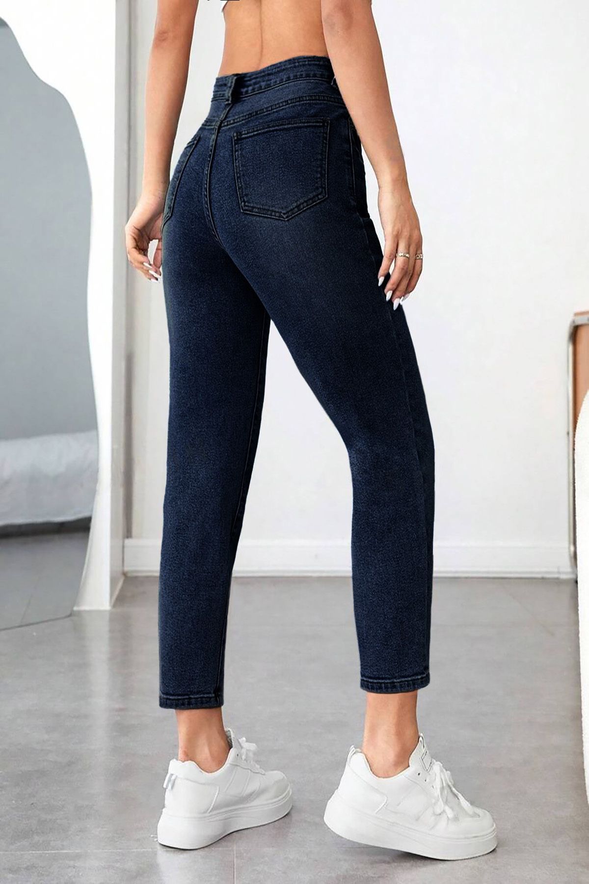 Mom Fit Jean Yüksek Bel Boyfriend Kesim Likrasız Lacivert Kadın Kot Pantolon C599