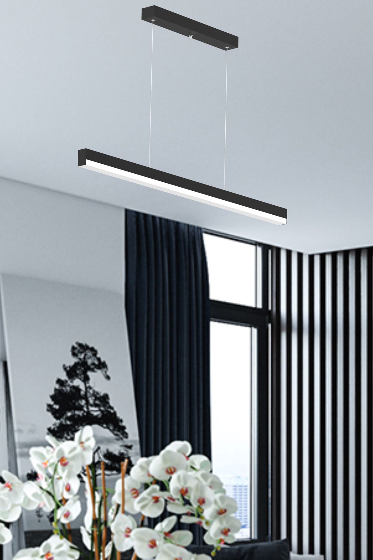 Magro 120cm ( Siyah Kasa, Doğal Beyaz Işık ) Sarkıt Lineer Modern Led Avize, Salon, Mutfak, Masa