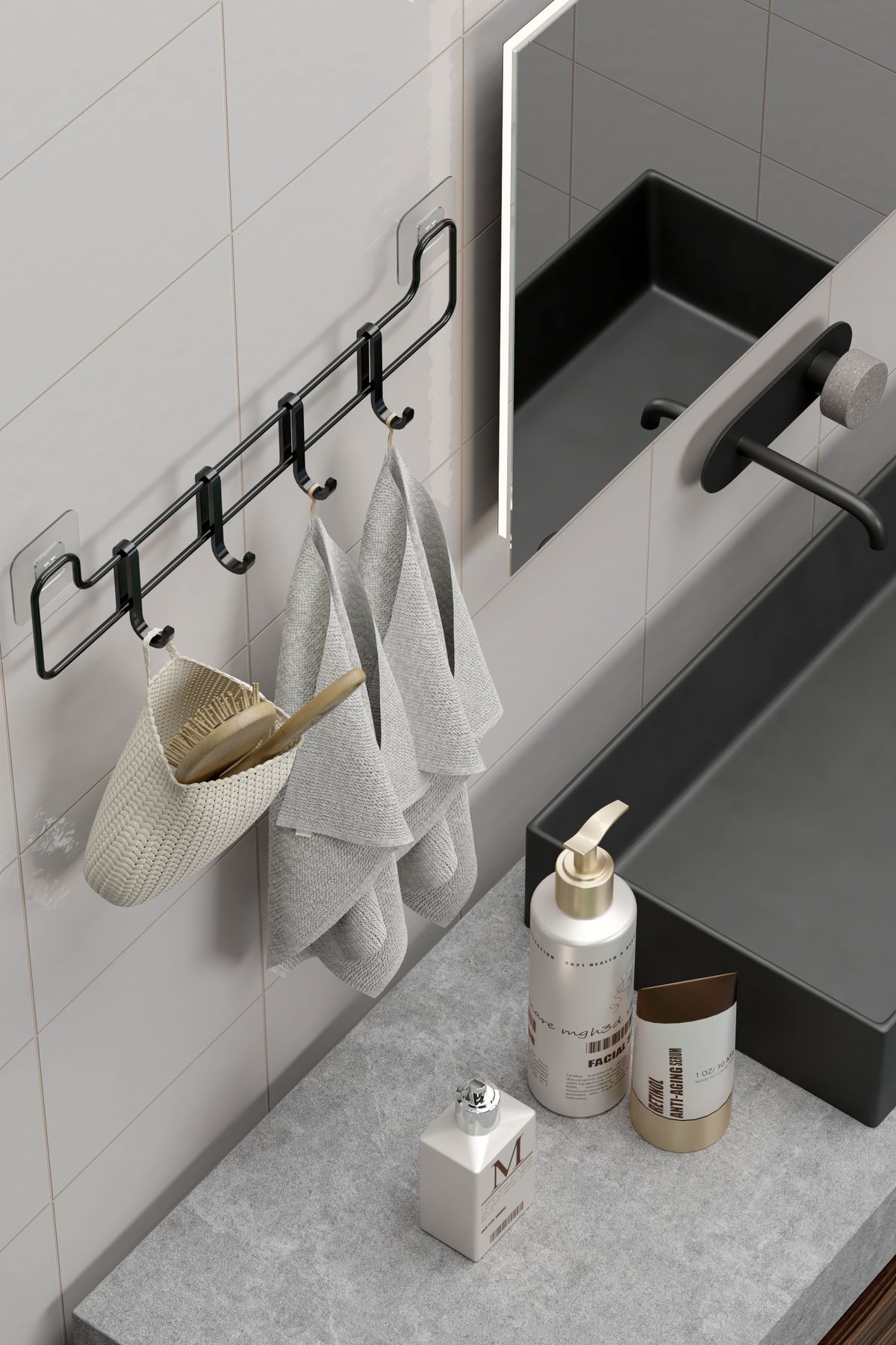 Yapışkanlı Banyo Askısı Siyah Metal Askılık Duvar Askı Organizer Banyo Düzenleyici