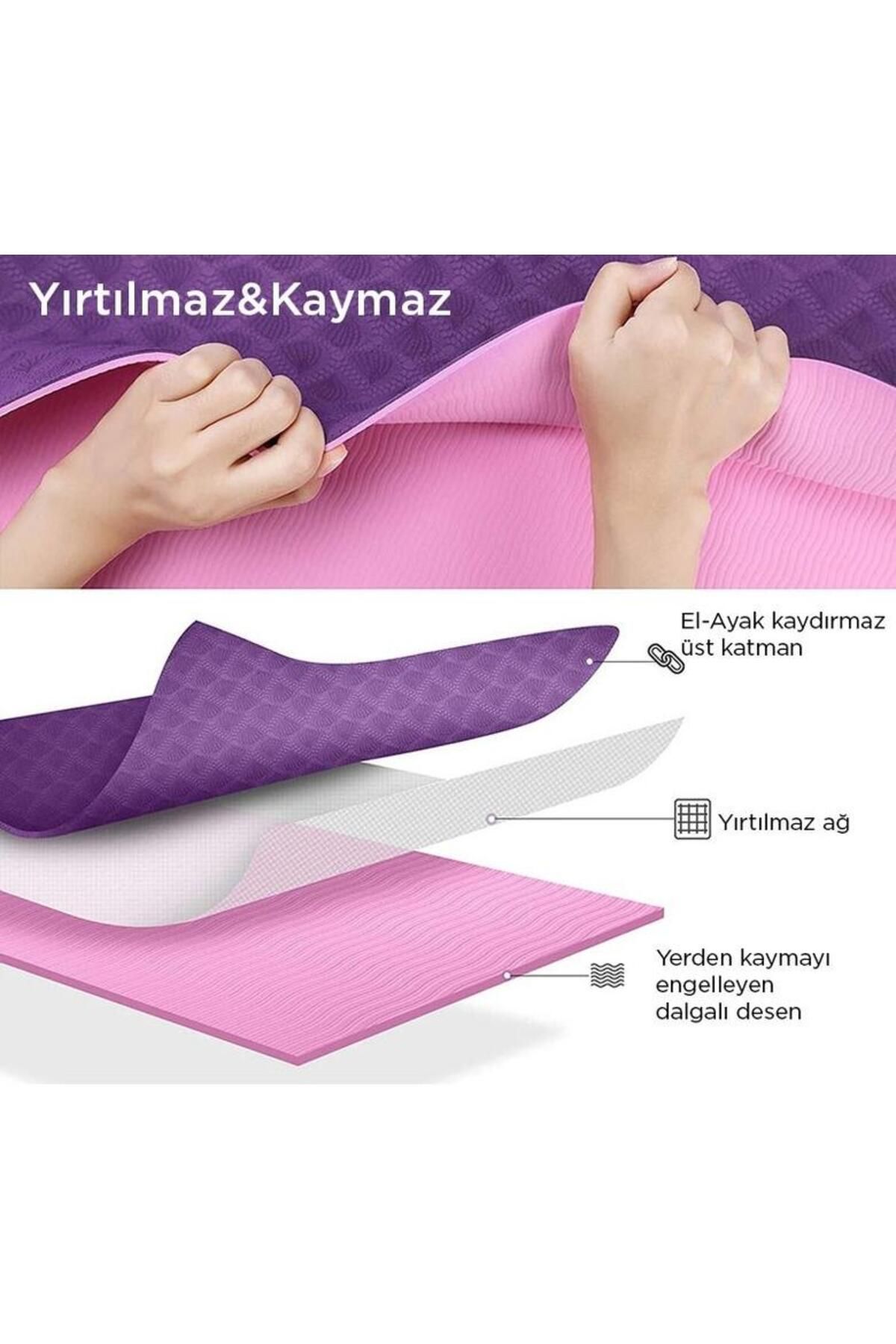 Hizalamalı 6mm Tpe Yoga Matı Pilates Minderi Diz Dirsek Koruyucu Matlı Set Mavi