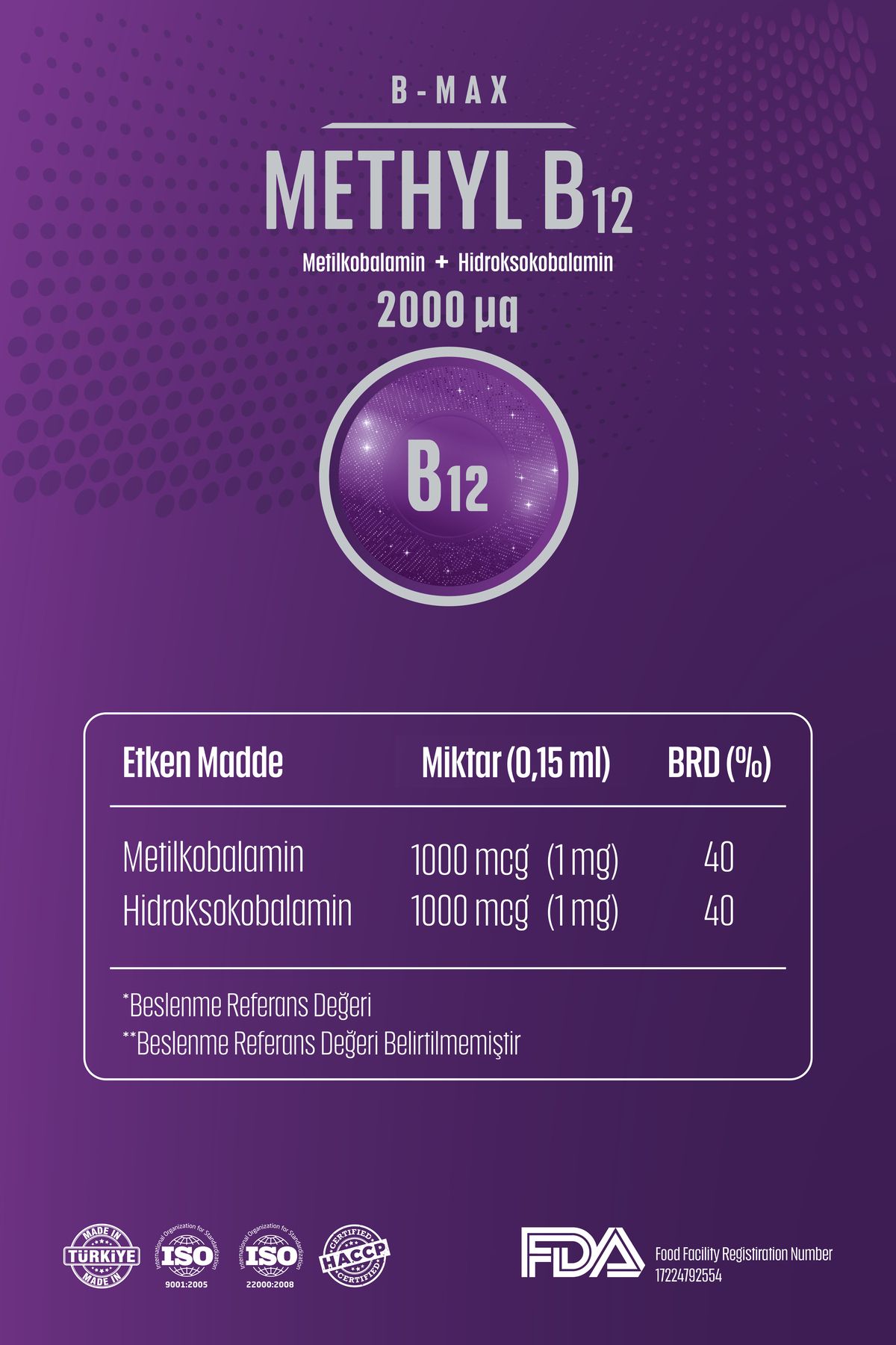 B12 Complex 2000 mcg Metilkobalamin (1000 mcg) Hidroksokobalamin (1000 mcg) Damla ve Sprey Formunda