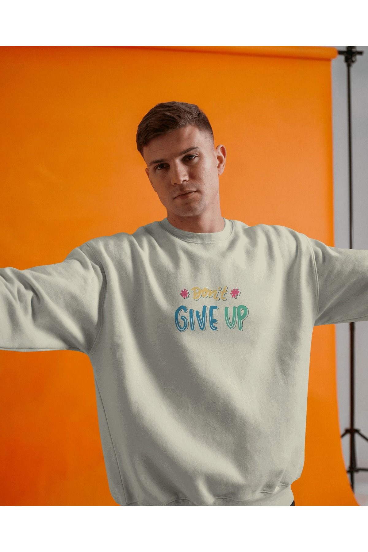 Don'tGiveUp Krem Sweatshirt 3iplik kalın Unisex