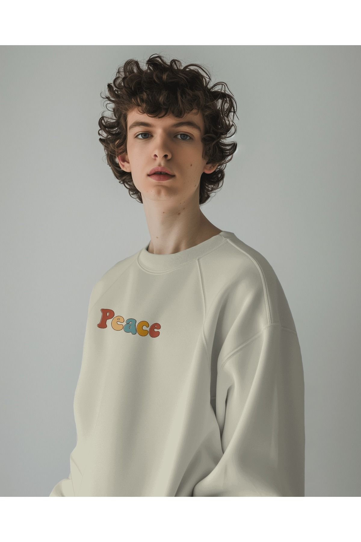 Peace Krem Sweatshirt 3iplik kalın Unisex