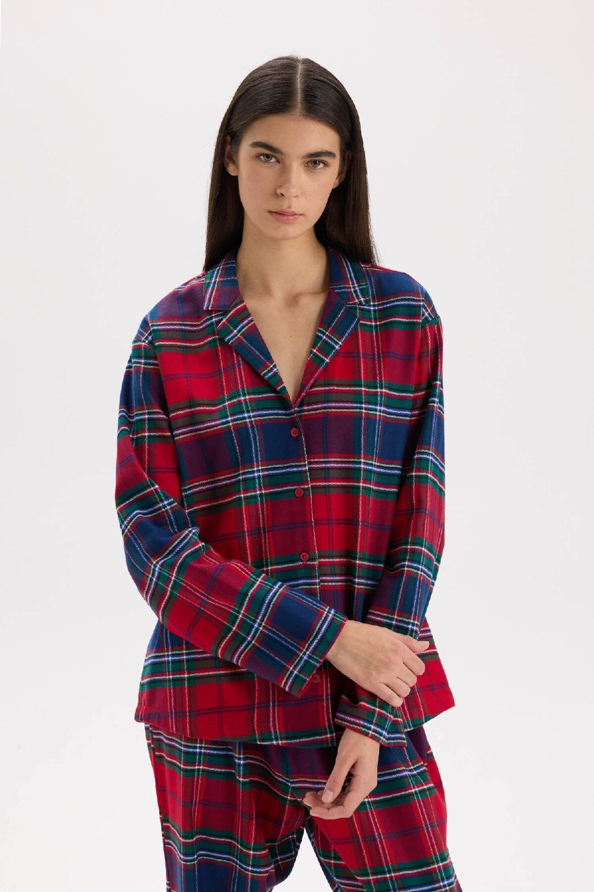 Fall in Love Pijama Takımı Kareli Flanel Uzun Kollu Üst Esnek Belli Uzun Alt  V4015AZ24WN