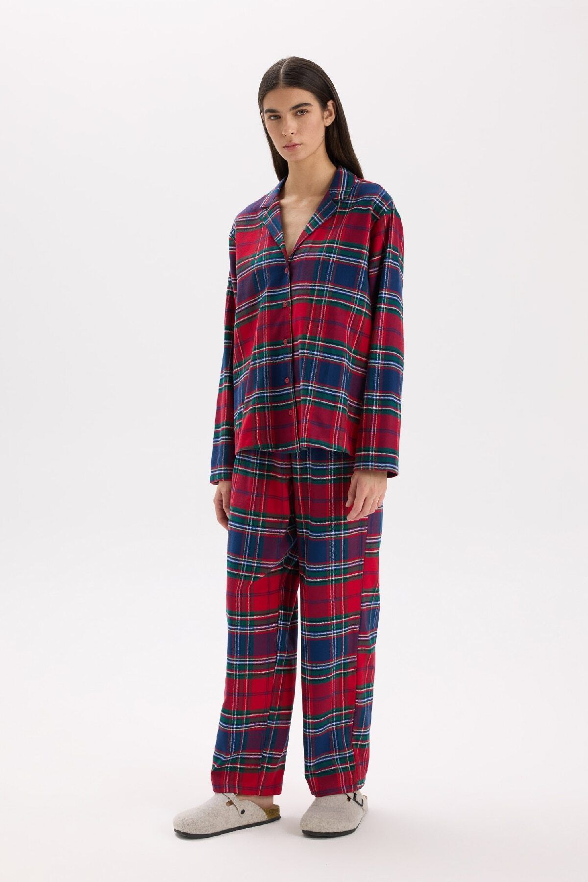 Fall in Love Pijama Takımı Kareli Flanel Uzun Kollu Üst Esnek Belli Uzun Alt  V4015AZ24WN