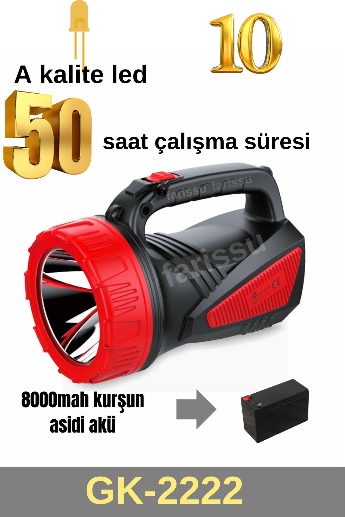 50 saat çalışma süreli 8000mah el feneri projektör 1 ampullü