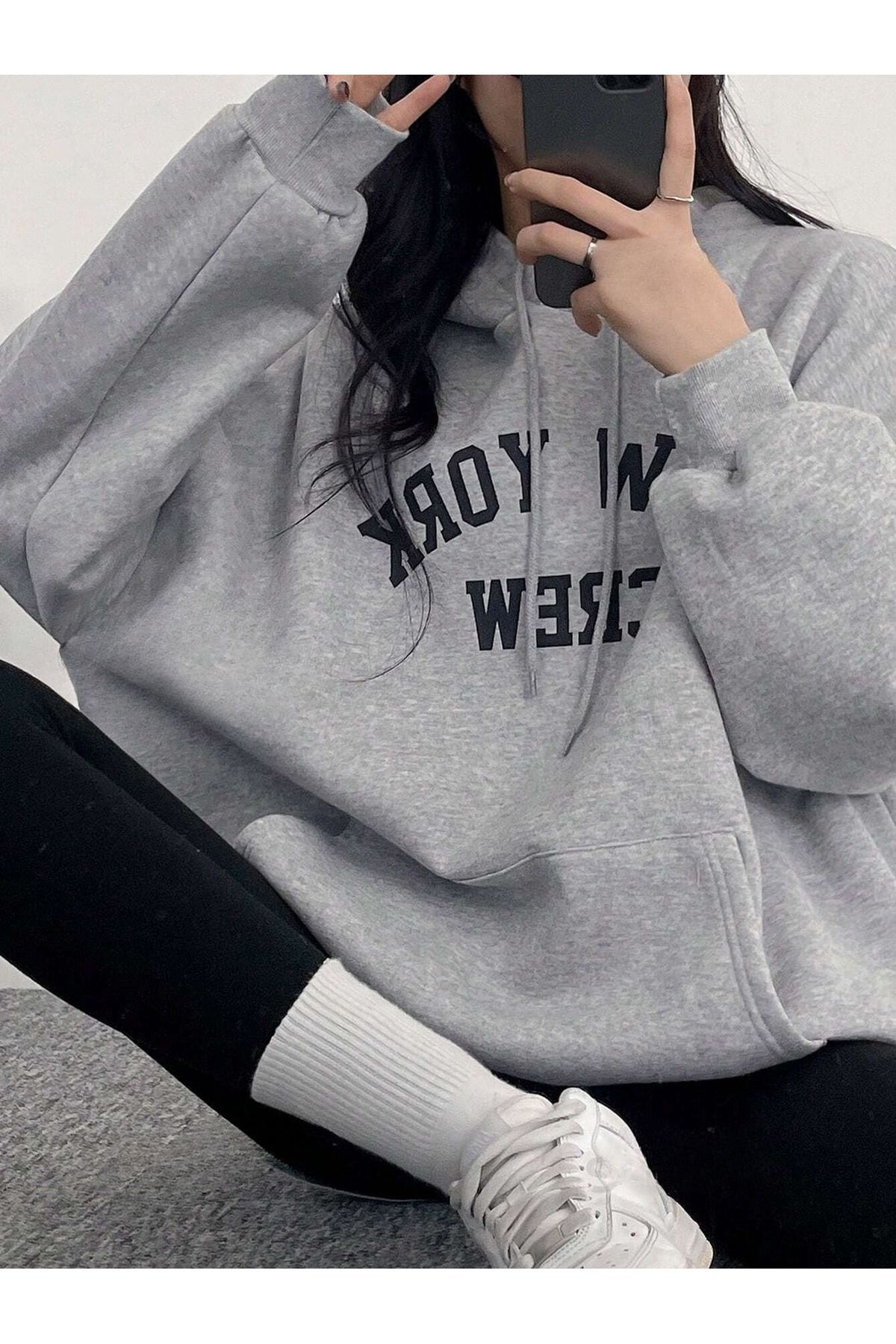 Kadın Gri New York Crew Baskılı 3 İplik Oversıze Hoodie Sweatshırt