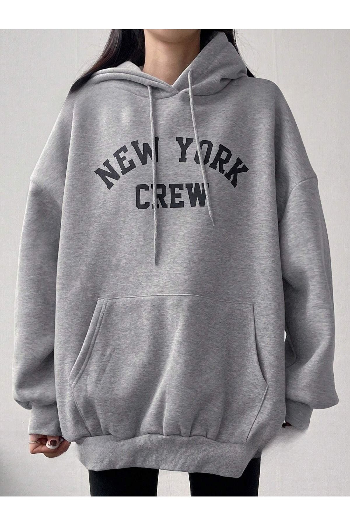 Kadın Gri New York Crew Baskılı 3 İplik Oversıze Hoodie Sweatshırt