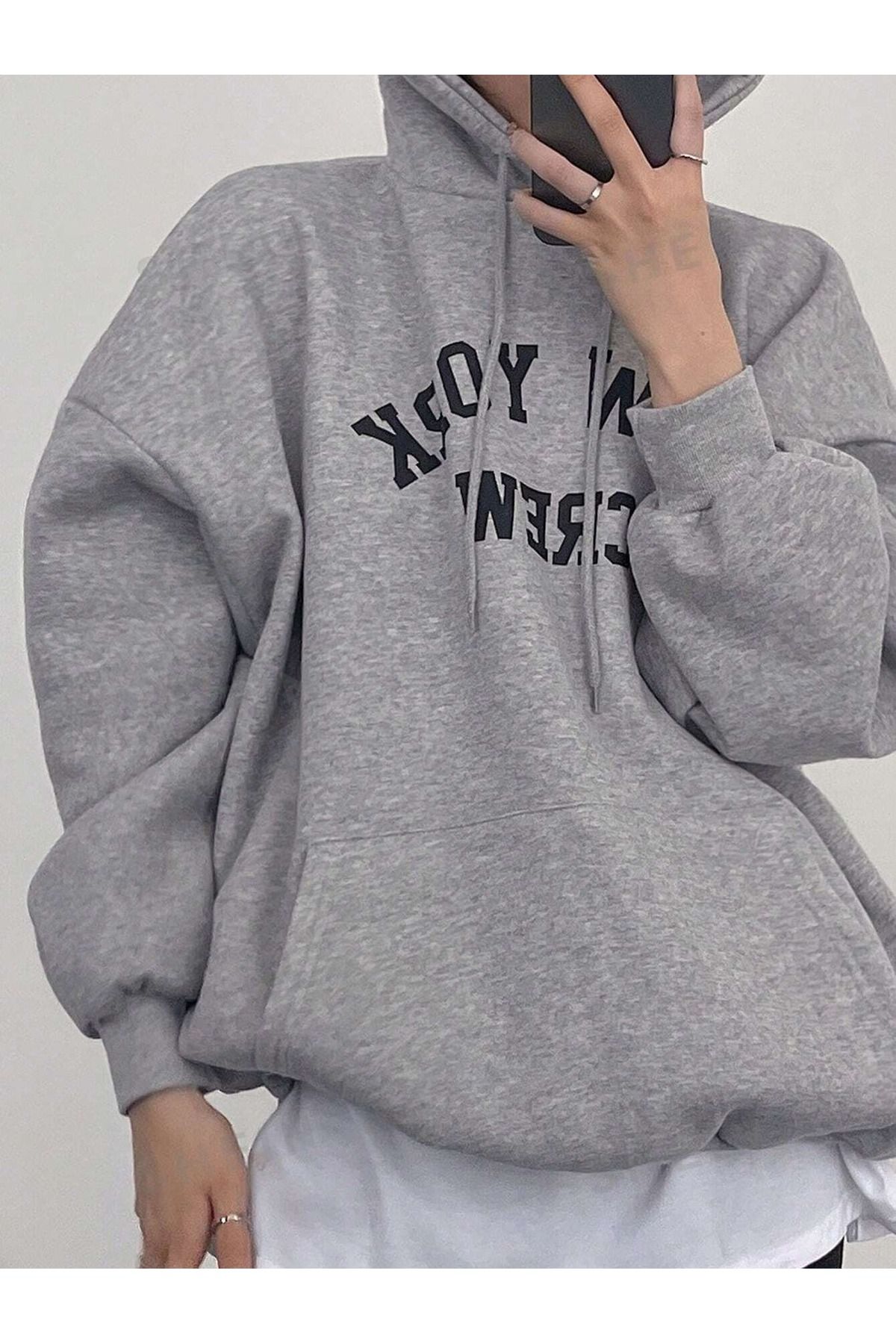 Kadın Gri New York Crew Baskılı 3 İplik Oversıze Hoodie Sweatshırt