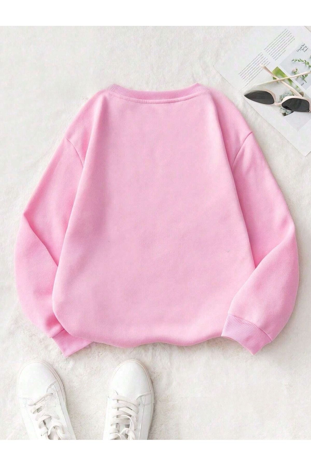 Kadın Pembe Margarita Kadeh Baskılı Bisiklet Yaka Sweatshirt