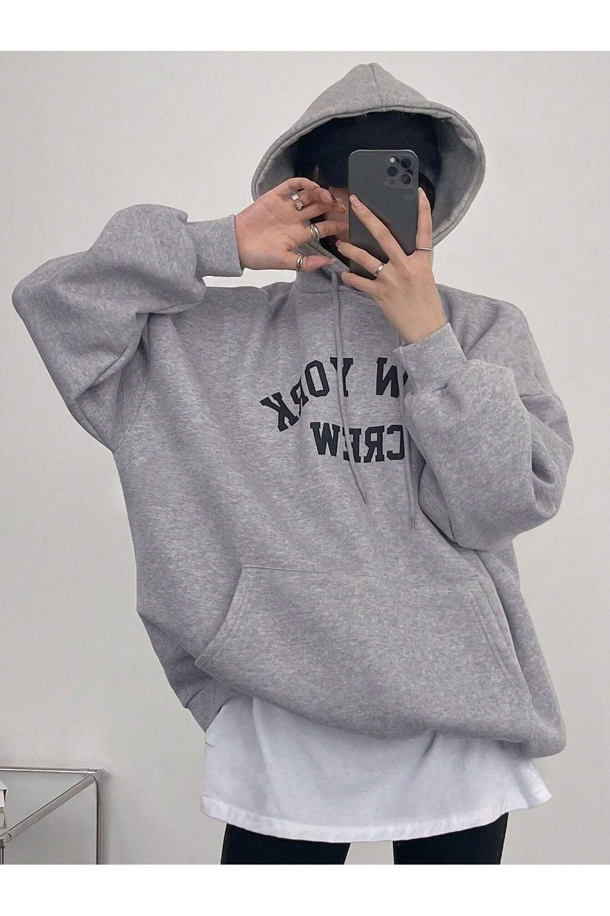 Kadın Gri New York Crew Baskılı 3 İplik Oversıze Hoodie Sweatshırt