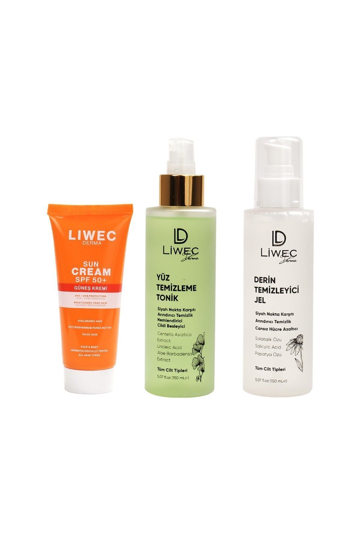 Liwec Derma 3'lü Set (DERİN TEMİZLEYİCİ JEL - YÜZ TEMİZLEME TONİK - GÜNEŞ KREMİ SPF 50+)