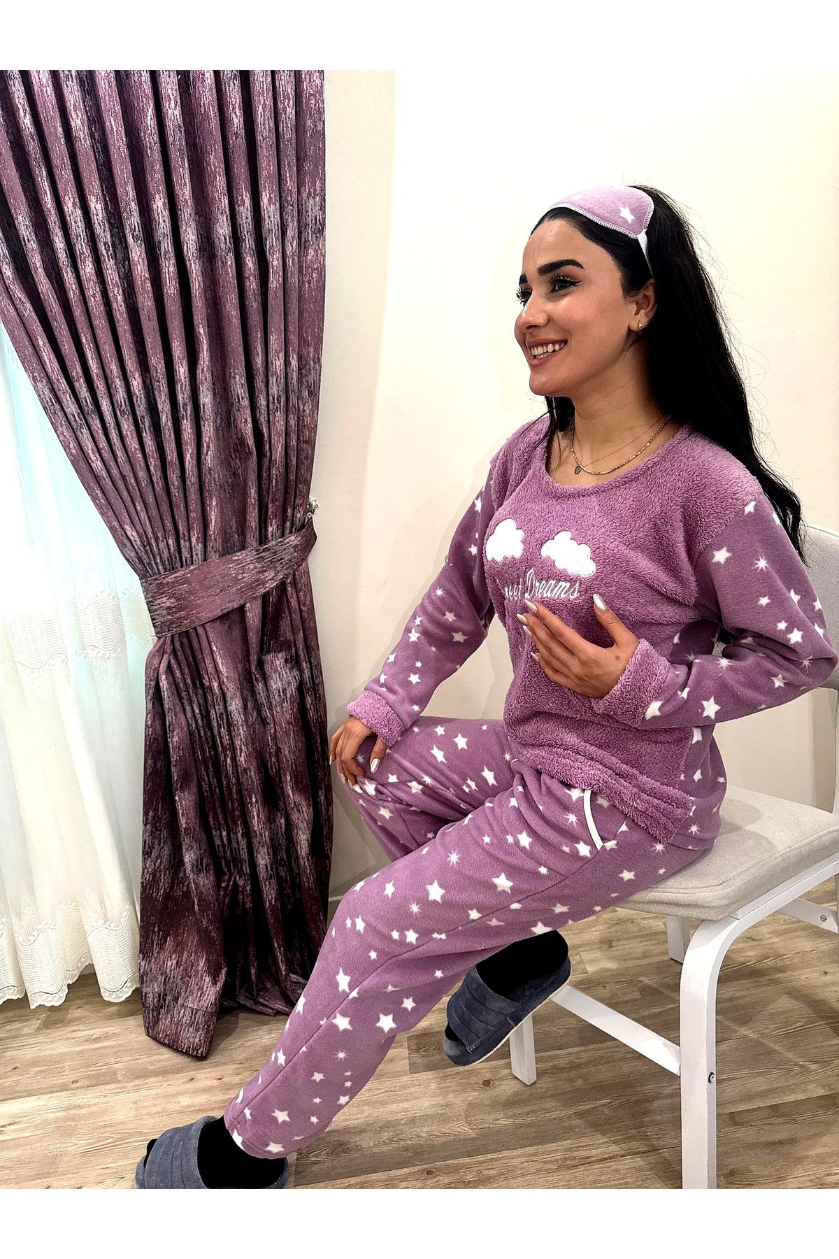 Pembe Yıldız Desenli Kadın Polar Peluş Pijama Takımı