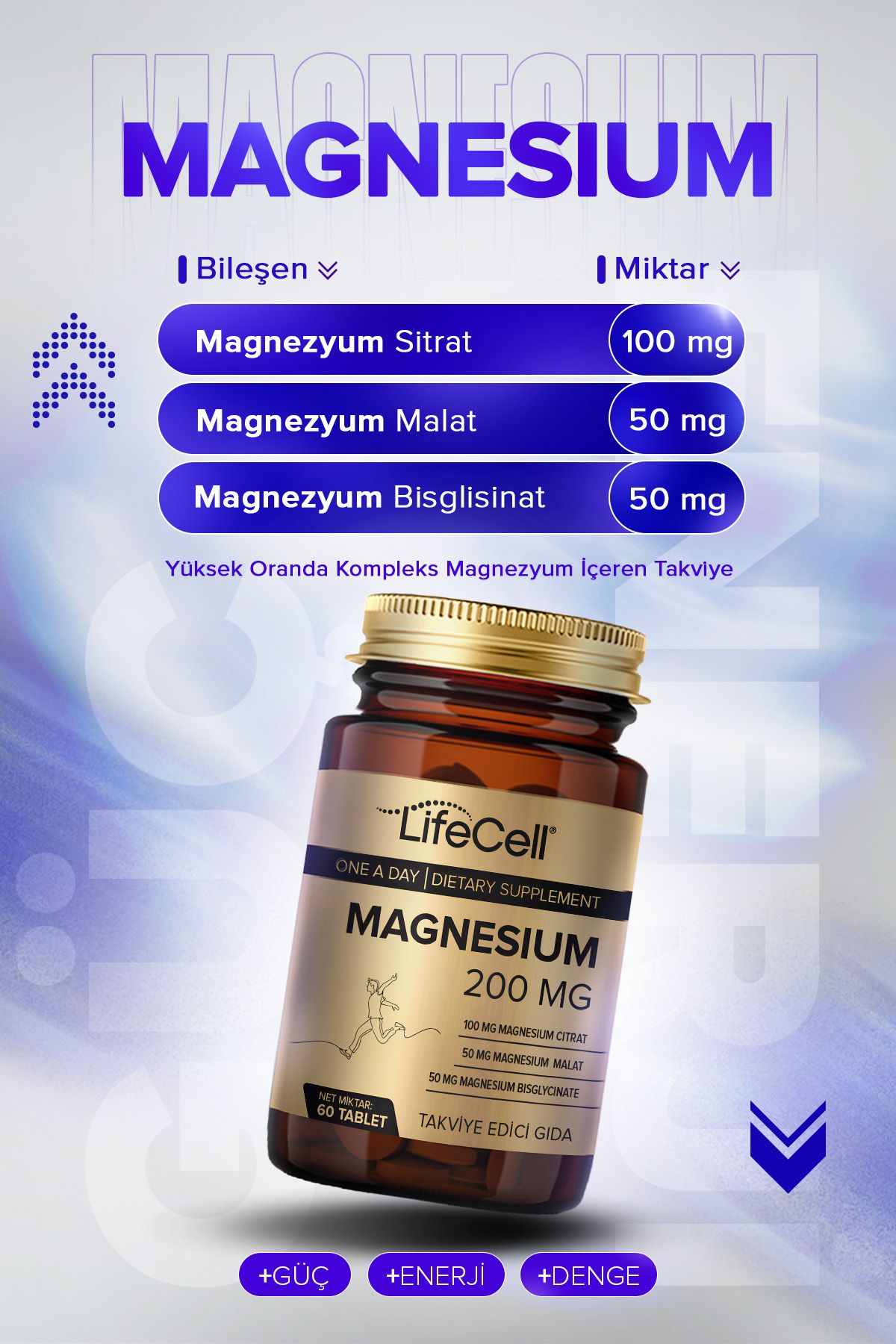 Magnesium 200 Mg (MAGNEZYUM KOMPLEKS BİSGLİSİNAT - MALAT - SİTRAT) Takviye Edici Gıda