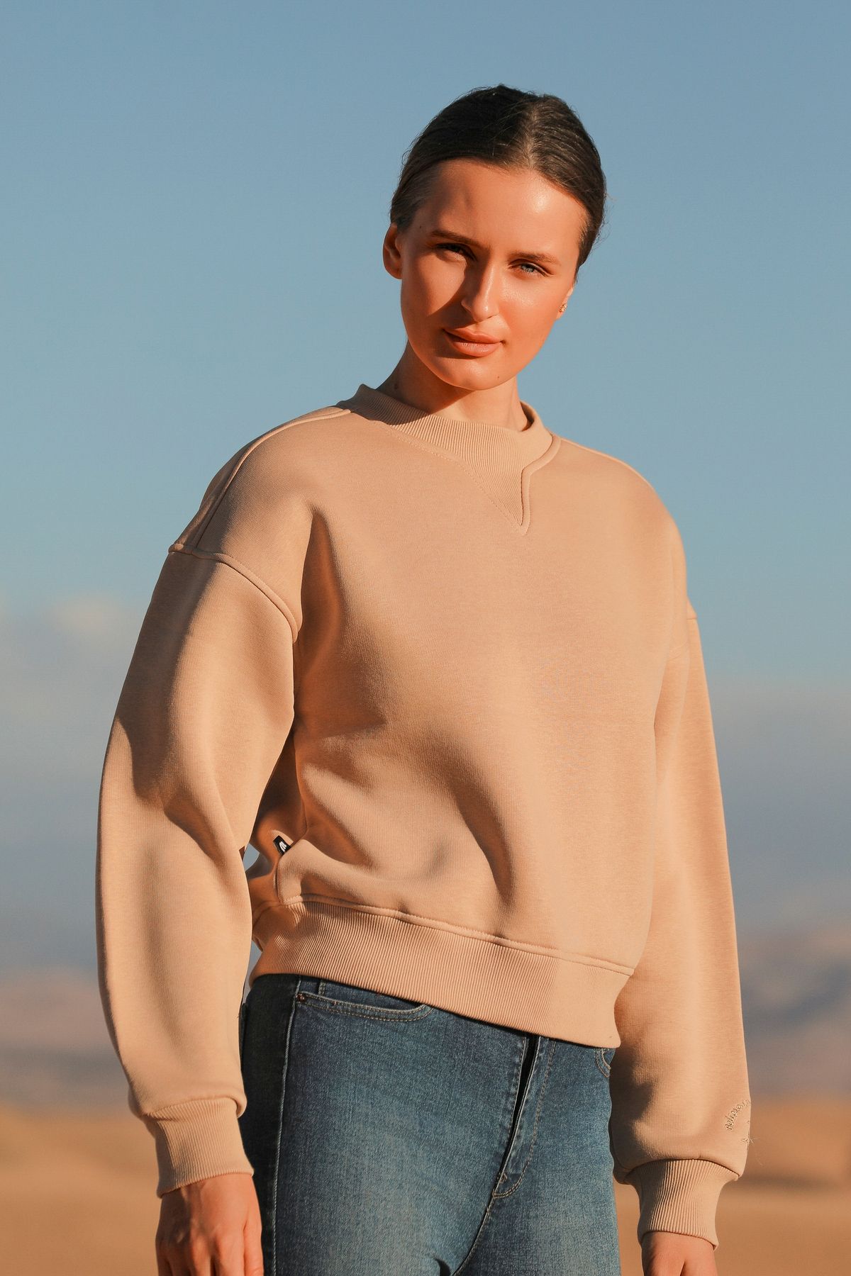 Bonita Sand Oversize Yarım Crop Sweatshirt