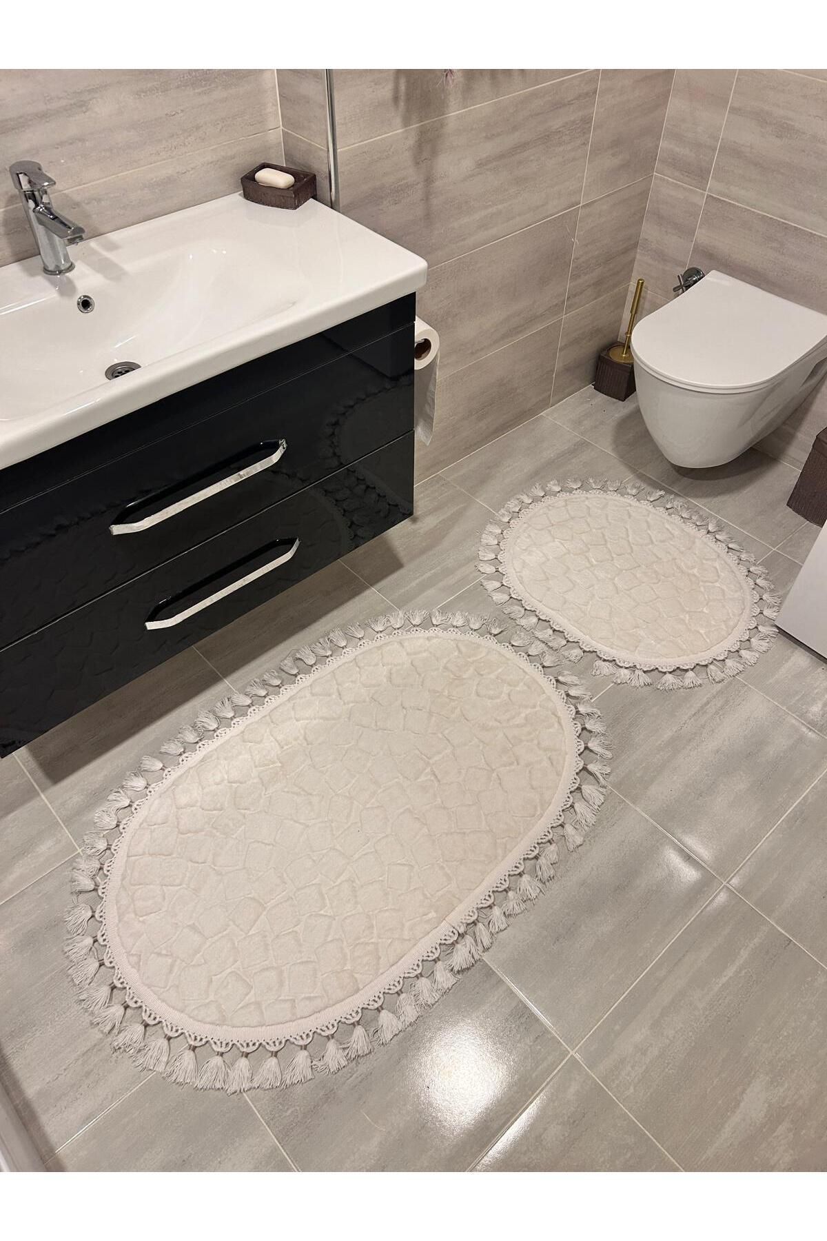 2'Lİ İKİLİ BANYO PASPAS SETİ ILICA PUFFY DOKUMA TABAN BANYO PASPASI 40X60-60X100 BEYAZ