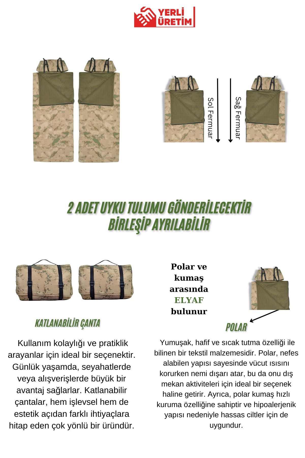 Çift Kişilik 2'li Birleşip Ayrılabilir Kamuflaj Uyku Tulumu(-25 °C) Kamp/deprem/outdoor (2.15×1.50)