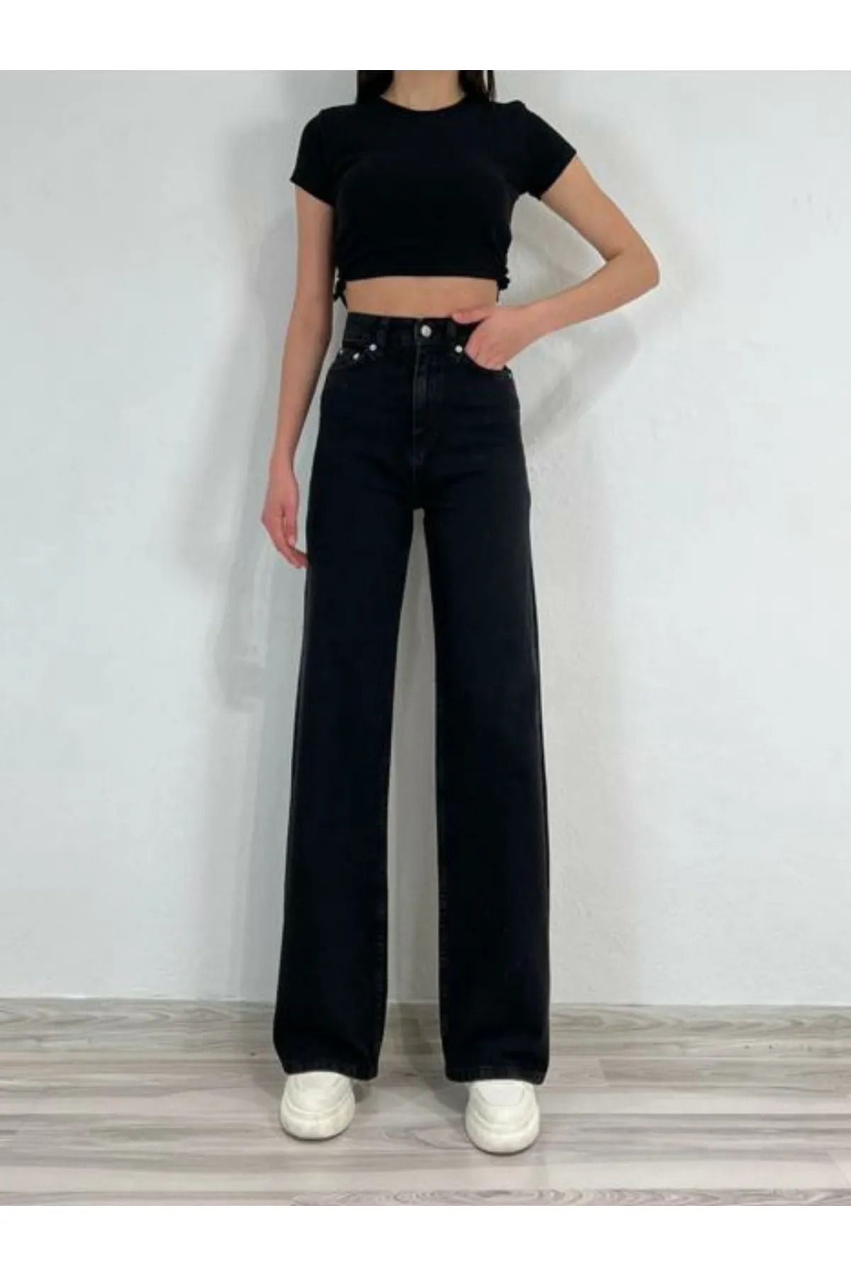 mooishan Pamela Kadın 90'sWide Leg Jeans Siya...