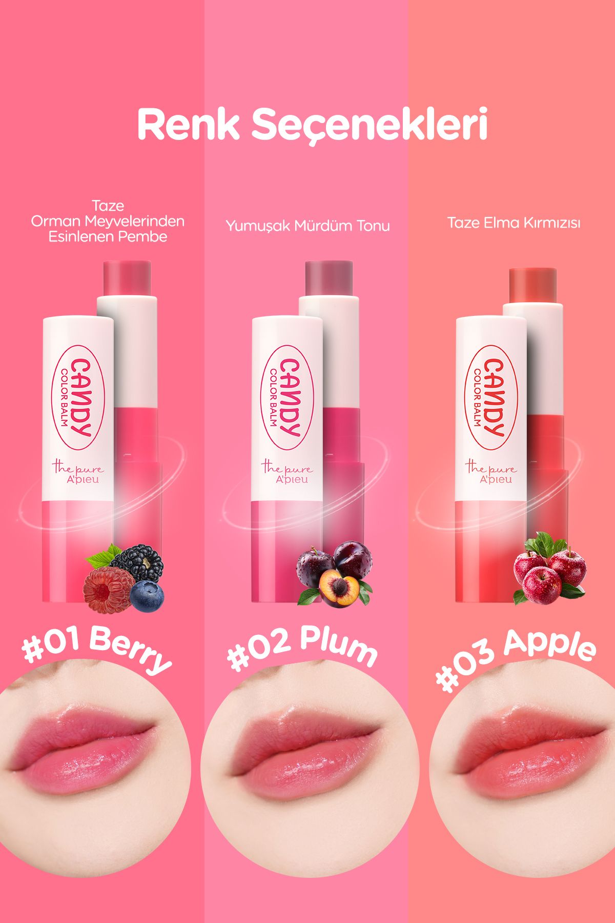 Dudakları Nemlendiren Parlak Bitişli Renkli Dudak Balmı A'pıeu The Pure Candy Color Balm No.03 Apple