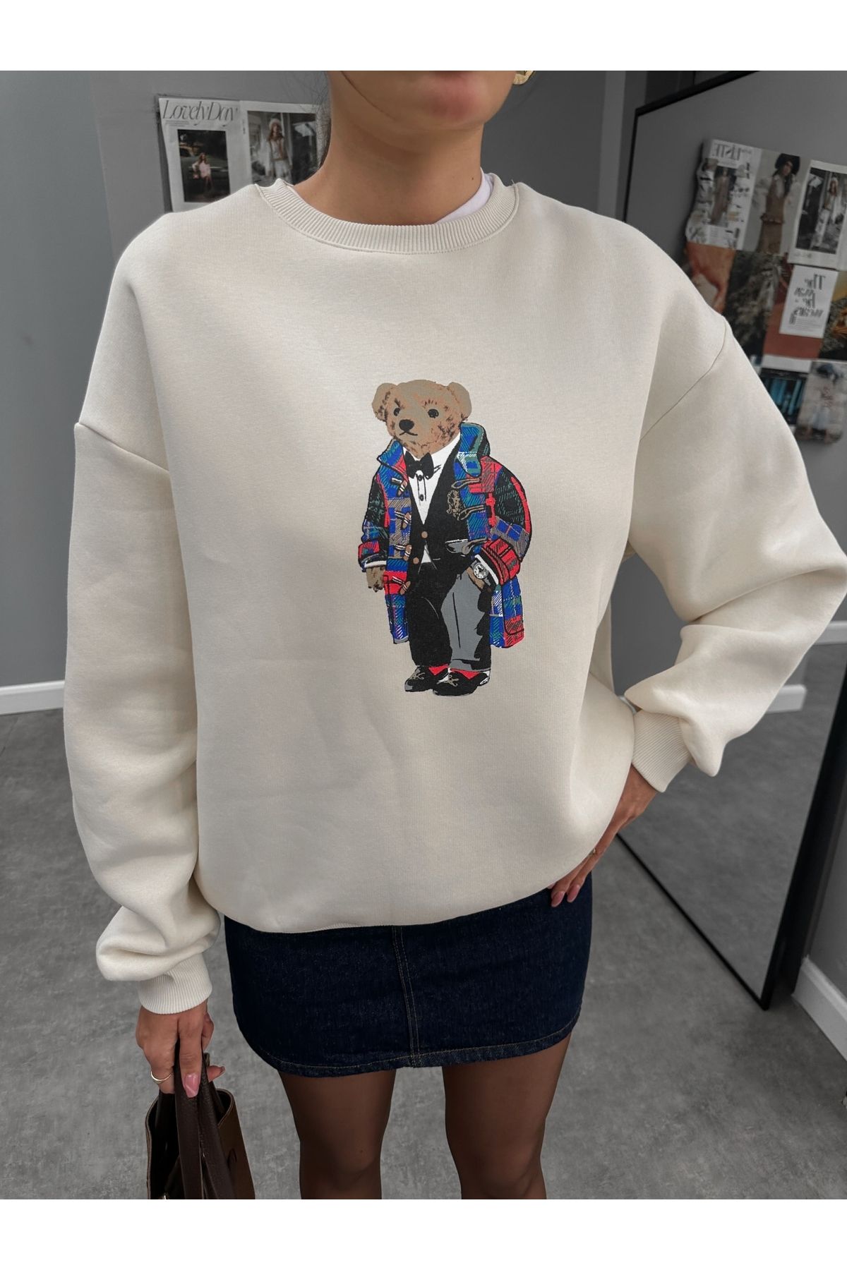 Ekru Teddy Bear Baskılı Sweat