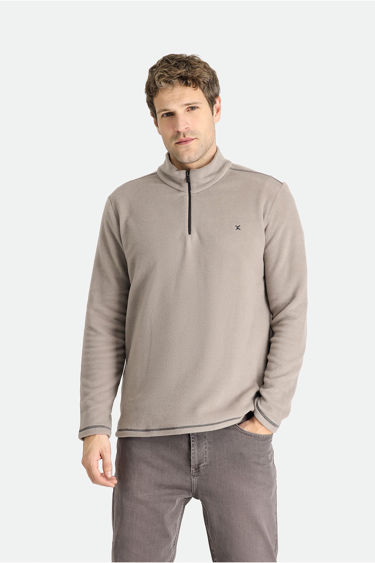 Yarım Fermuarlı Nakışlı Polar Sweatshirt