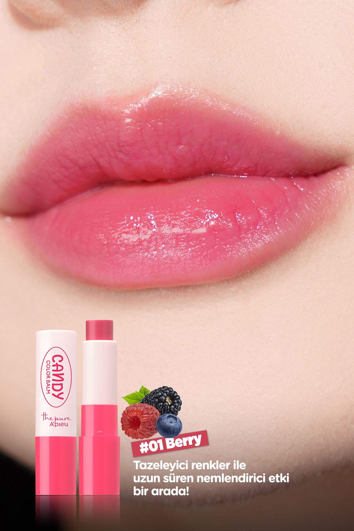 Dudakları Nemlendiren Parlak Bitişli Renkli Dudak Balmı A'pıeu The Pure Candy Color Balm No.01 Berry