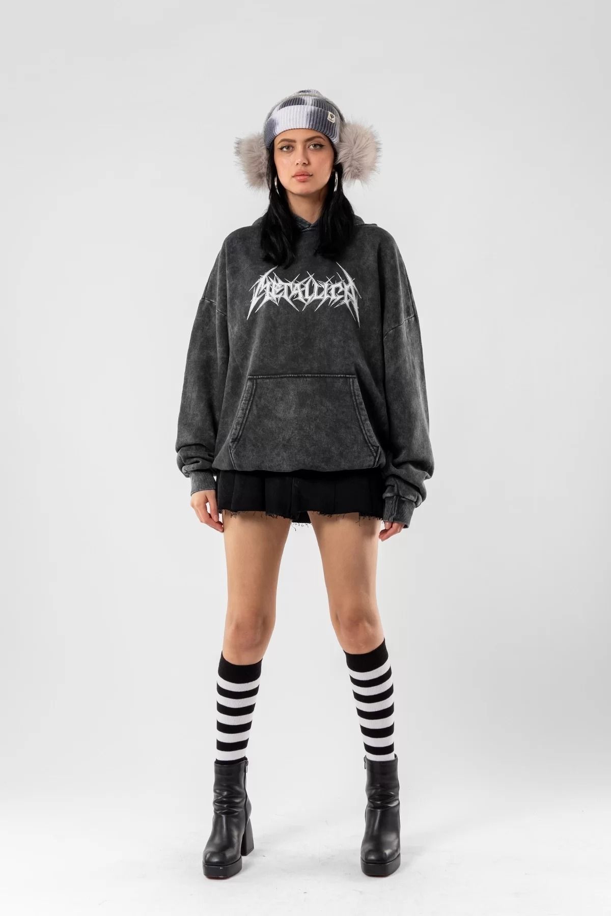 Yıkamalı Metallica Logo Baskılı Oversize Unisex Füme Hoodie