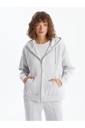 Lcw Vision Gri Kapüşonlu Oversize Kadın Kalın Fermuarlı Sweatshirt Image 5