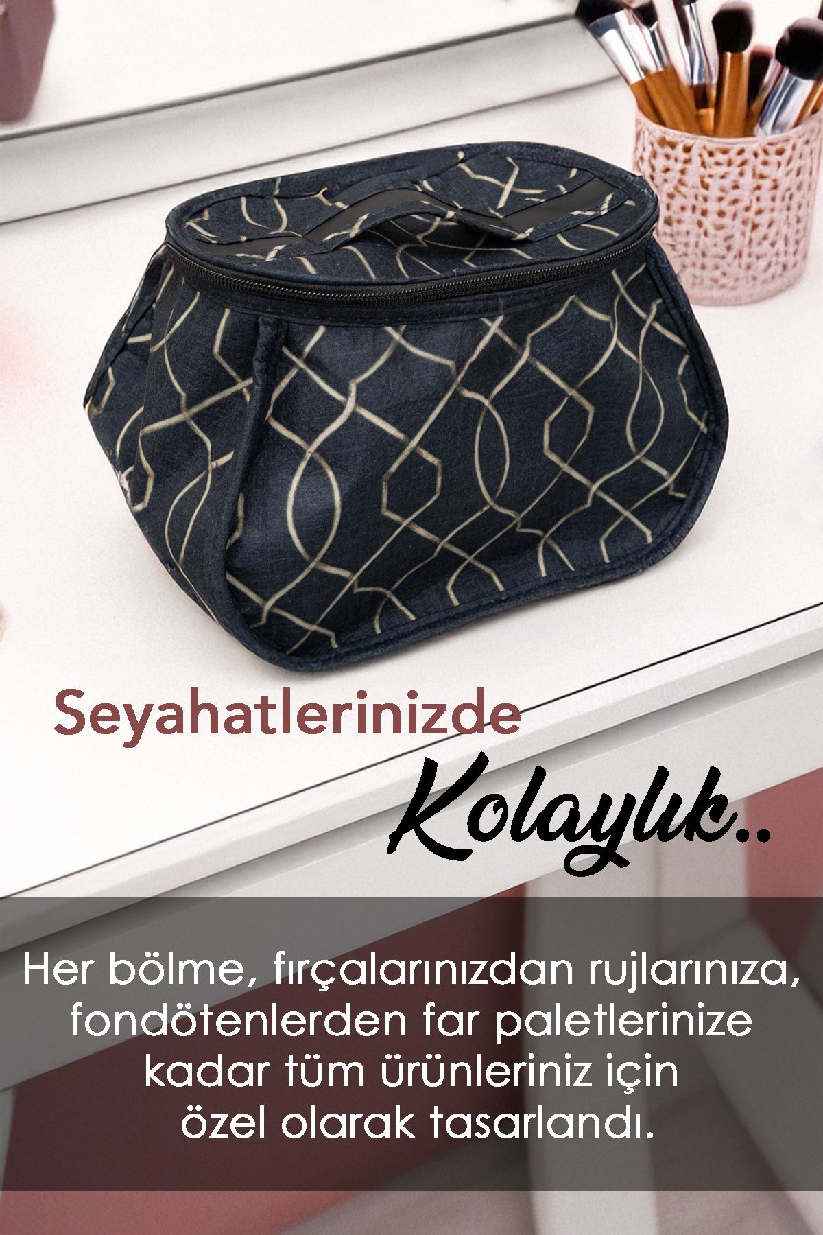 Bölmeli Fırça Kozmetik Makyaj Çantası - Büyük Boy Organizer Düzenleyici Seyahat Çantası