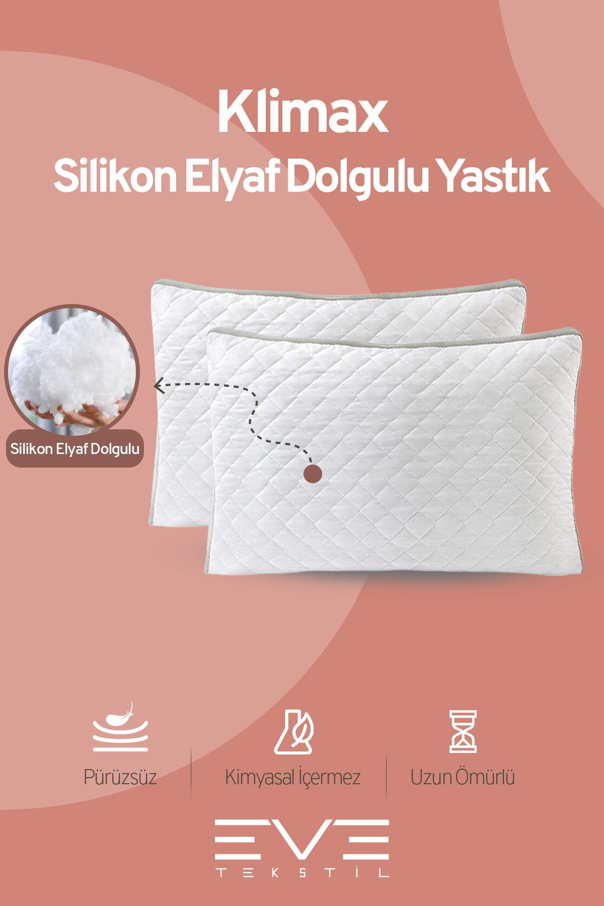 2 Adet Klimax Serisi Kılıflı Fermuarlı Klimali Antialerjik Silikon Elyaf Yastık 50x70cm 900 gr