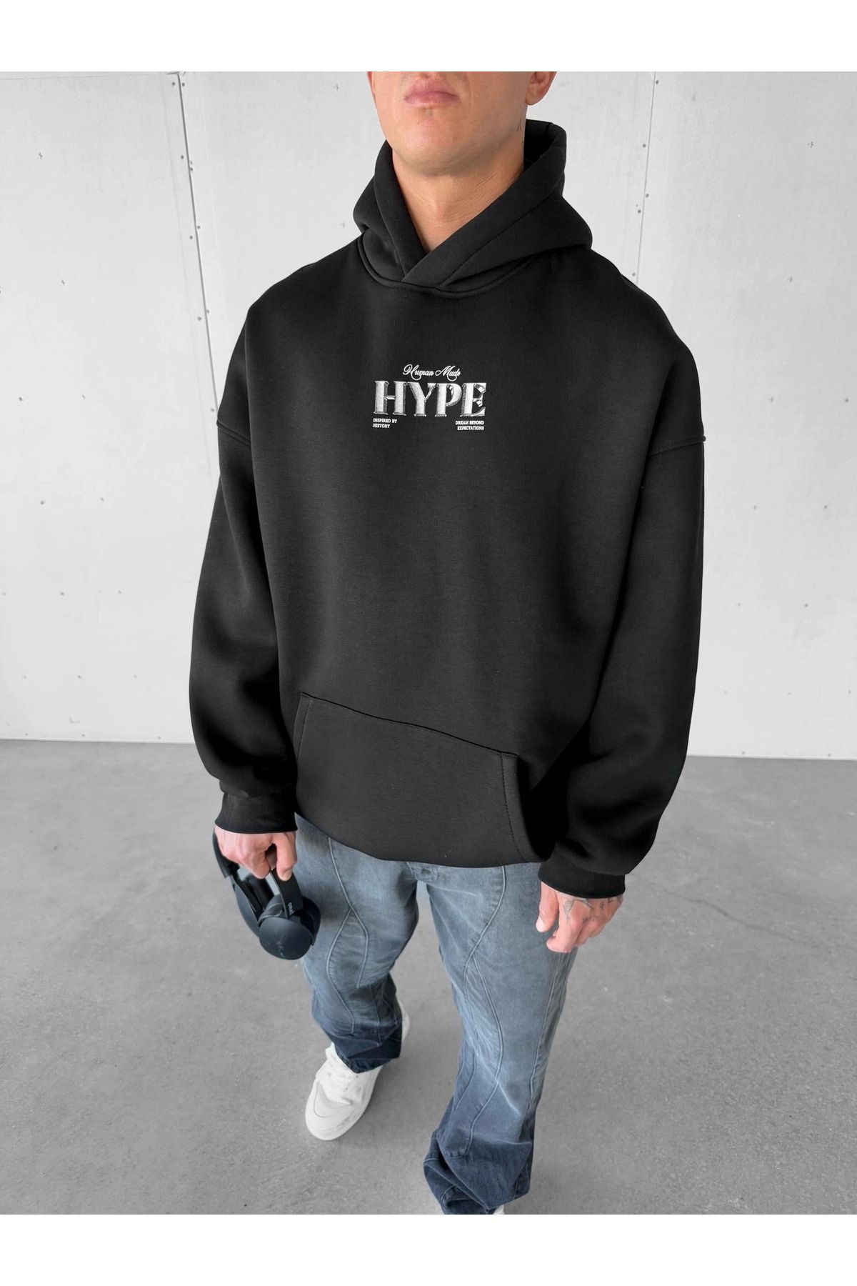 Unisex Oversize Hype Baskılı Premium Kapüşonlu Sweatshirt Siyah