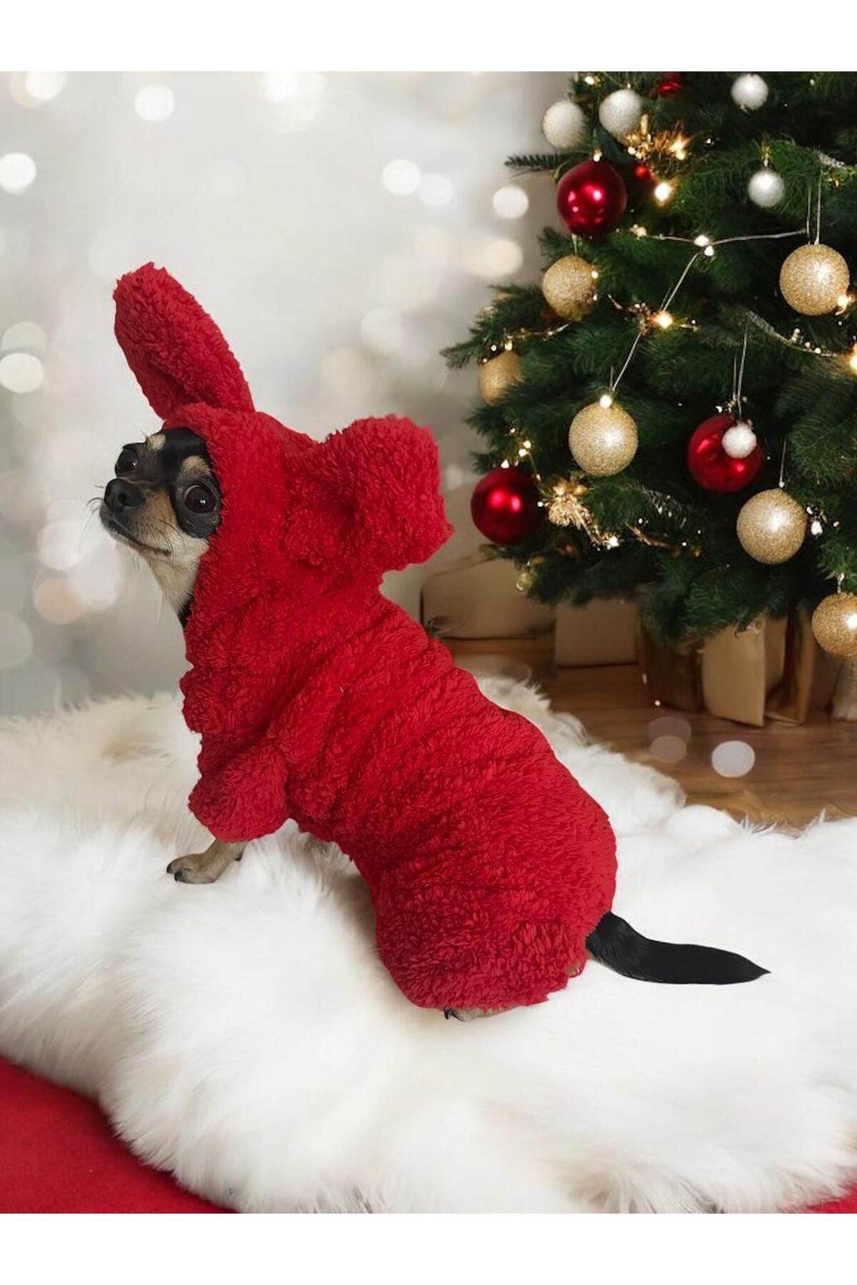 Kırmızı İçi Dışı Peluş Yılbaşı 2025 Noel Christmas Yılbaşı Köpek ve Kedi Kıyafeti, Köpek Tulumu