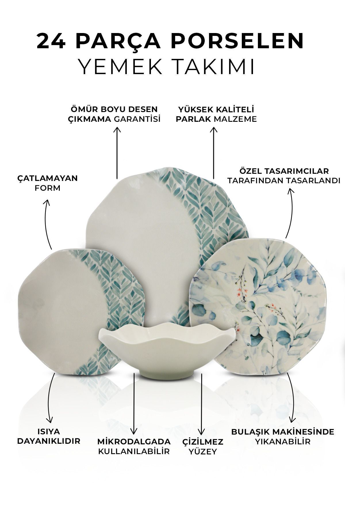 Nesrin Blue Leafed  24 Parça 6 Kişilik Porselen Yemek Takımı - Pasta , Çorba ,Yemek , Servis Tabağı