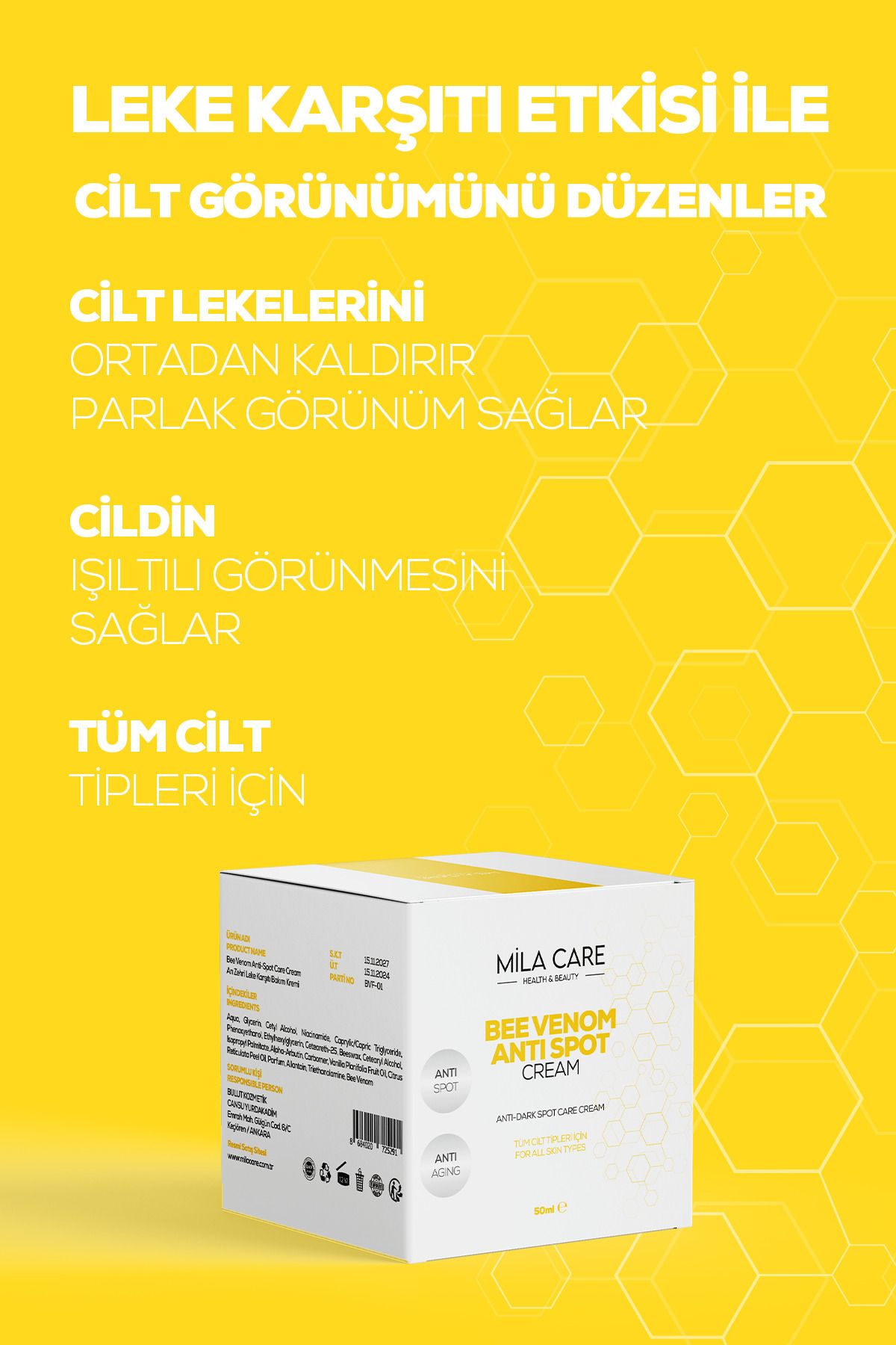 Leke Karşıtı ve Cilt Tonu Eşitleyici Arı Zehri Kremi 50ml